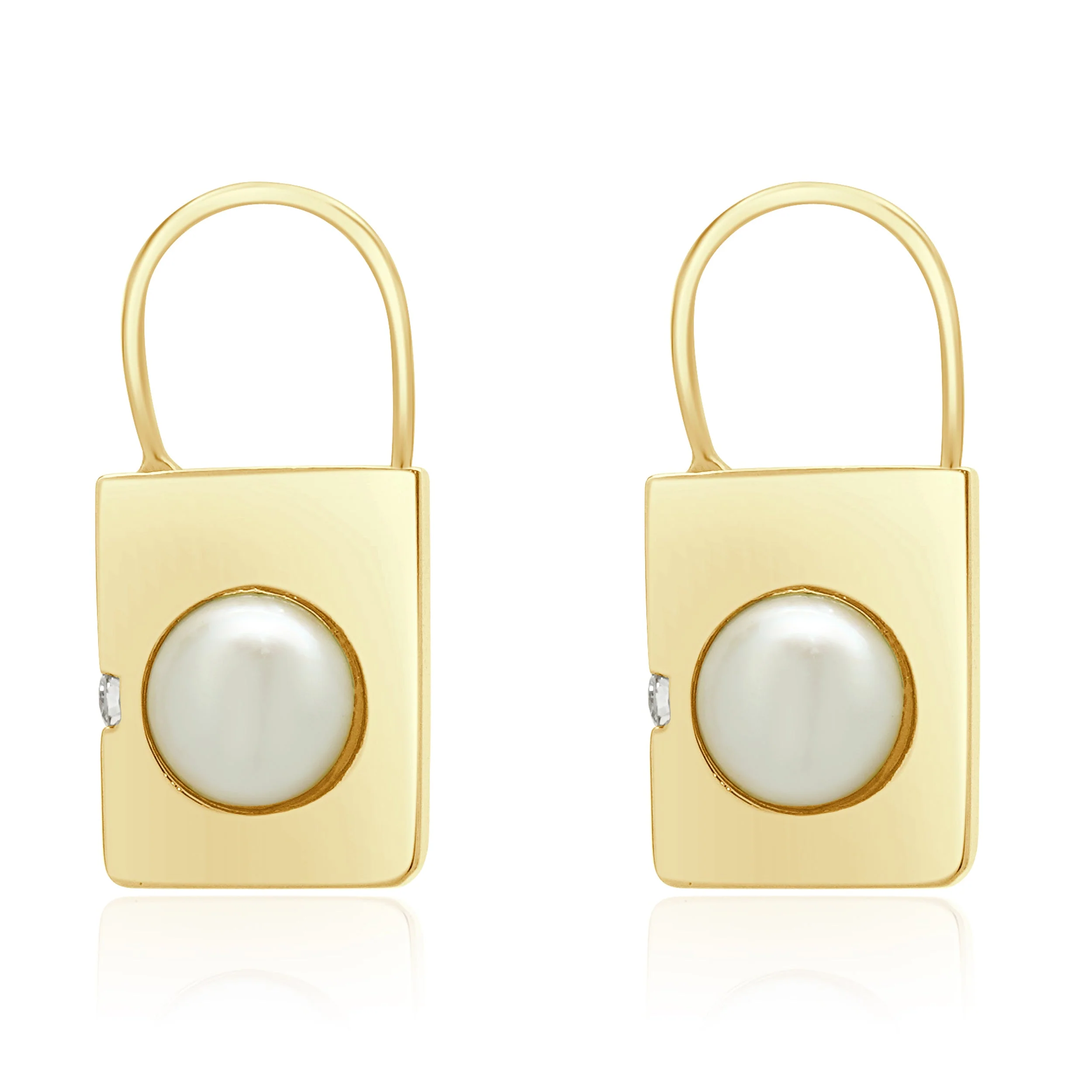 14 Karat Yellow Gold Pearl and Diamond Padlock Earrings