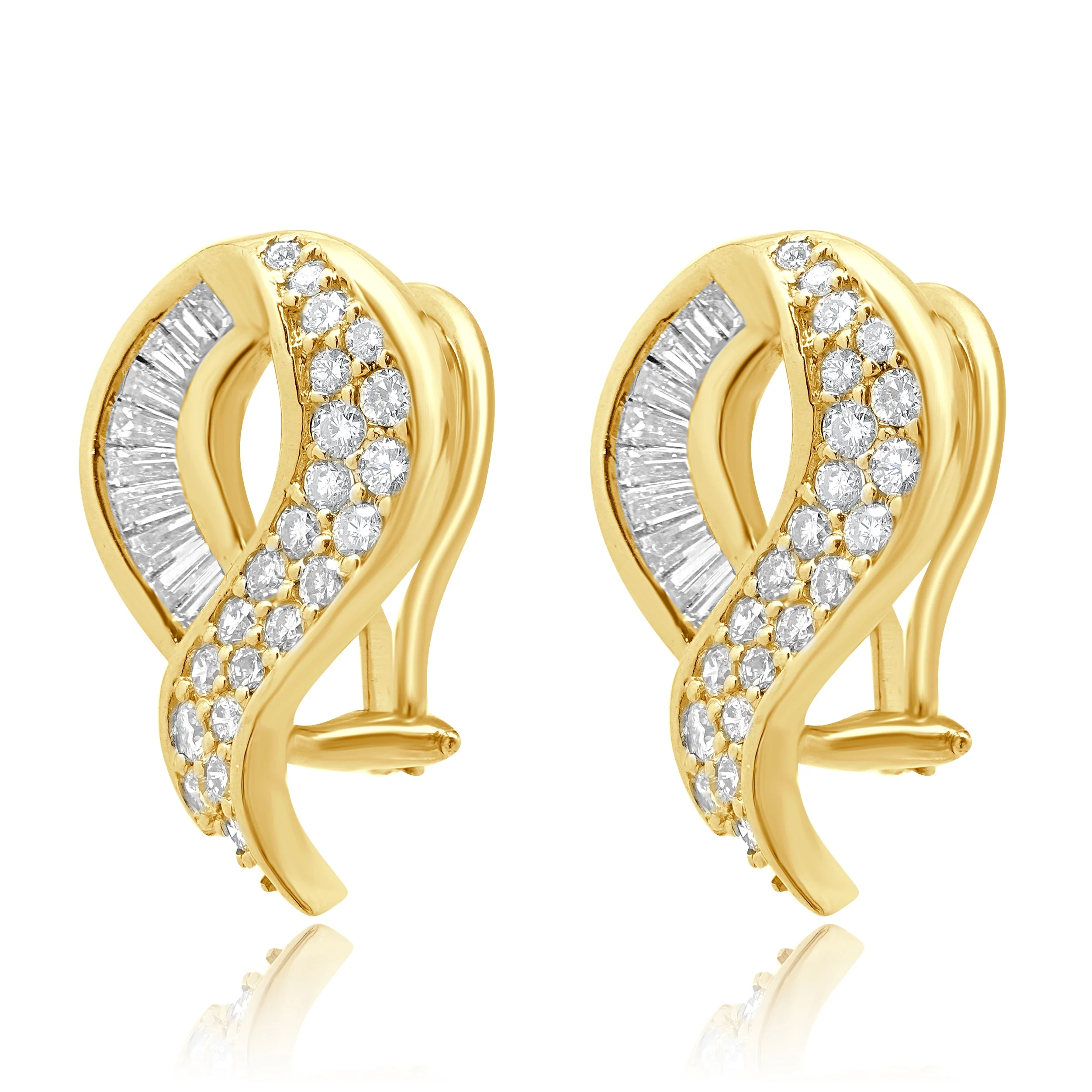 14 Karat Yellow Gold Round and Baguette Cut Diamond Ribbon Earrings - Image 2