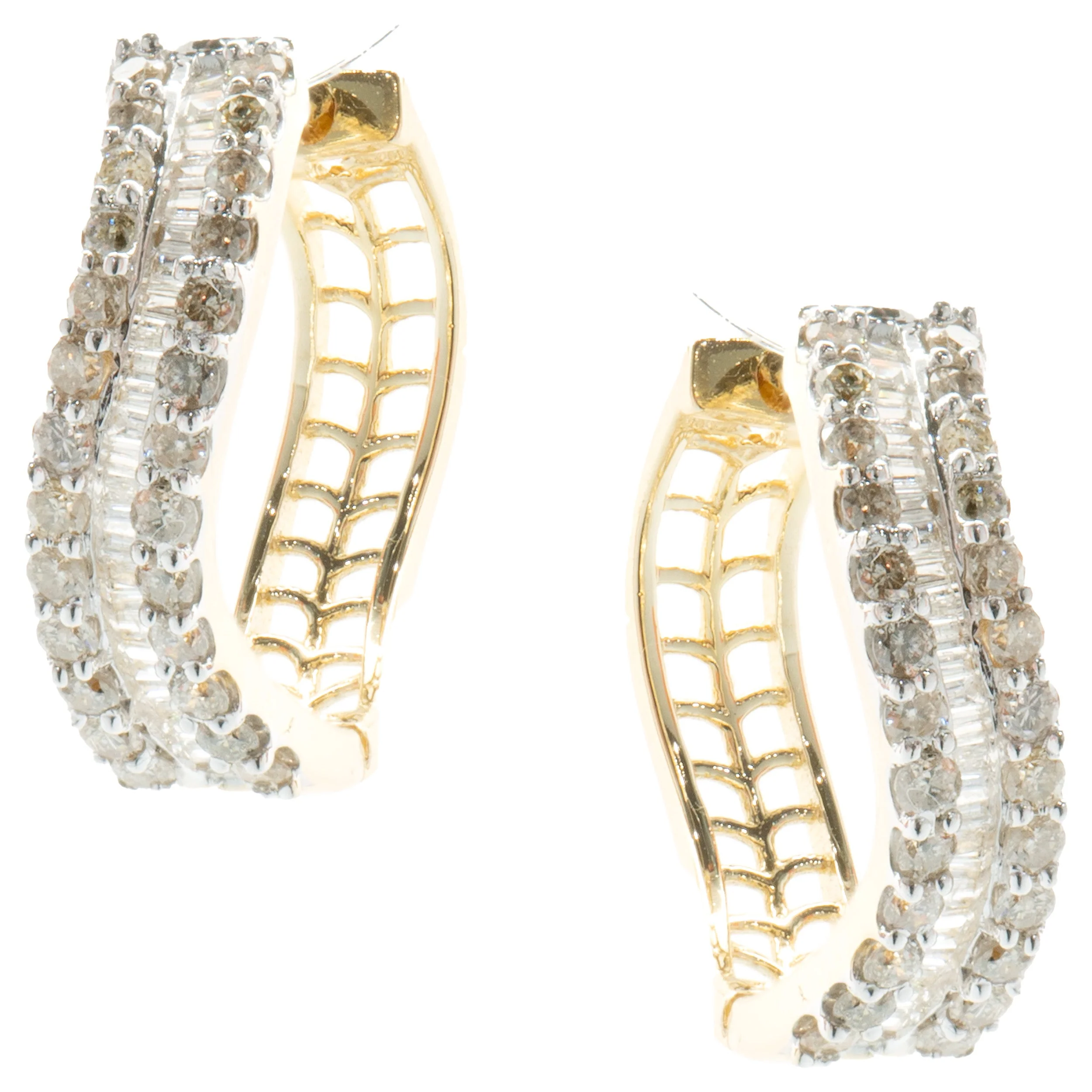 14 Karat Yellow Gold Round and Baguette Diamond Wave Hoop Earrings - Image 2
