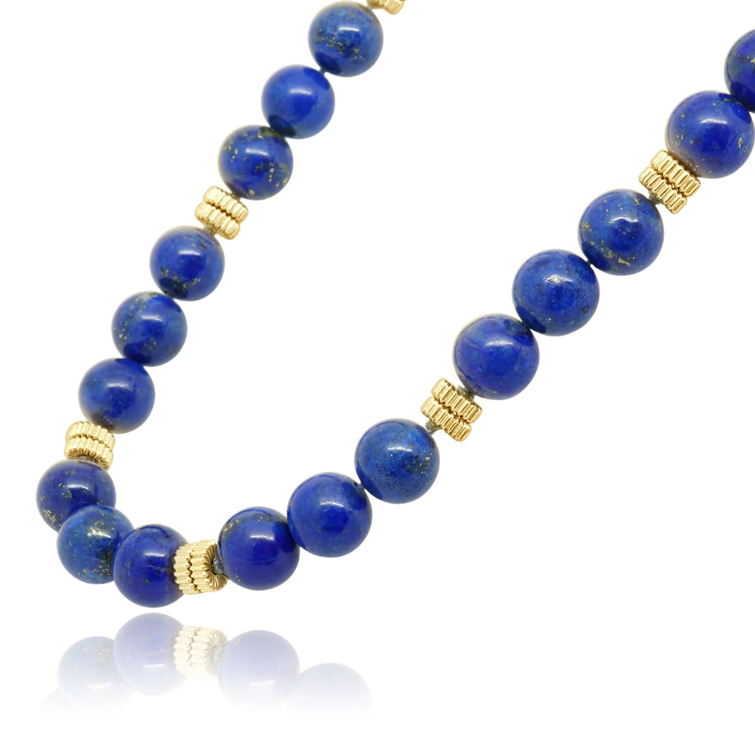 14 Karat Yellow Gold Round Dyed Lapis Bead Necklace with Fluted Spacers 36.5" - Image 2