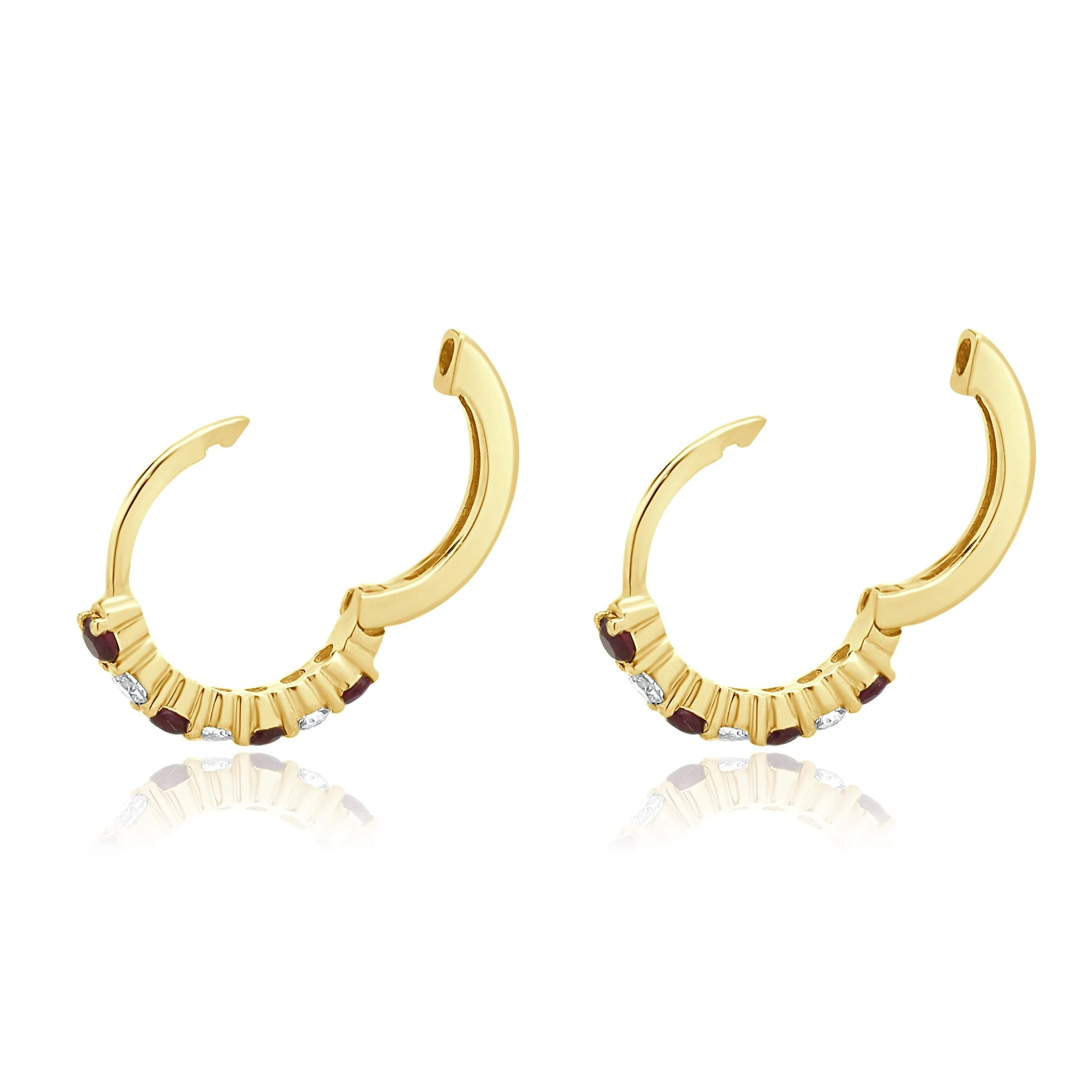 14 Karat Yellow Gold Ruby and Diamond Huggie Hoop Earrings - Image 3