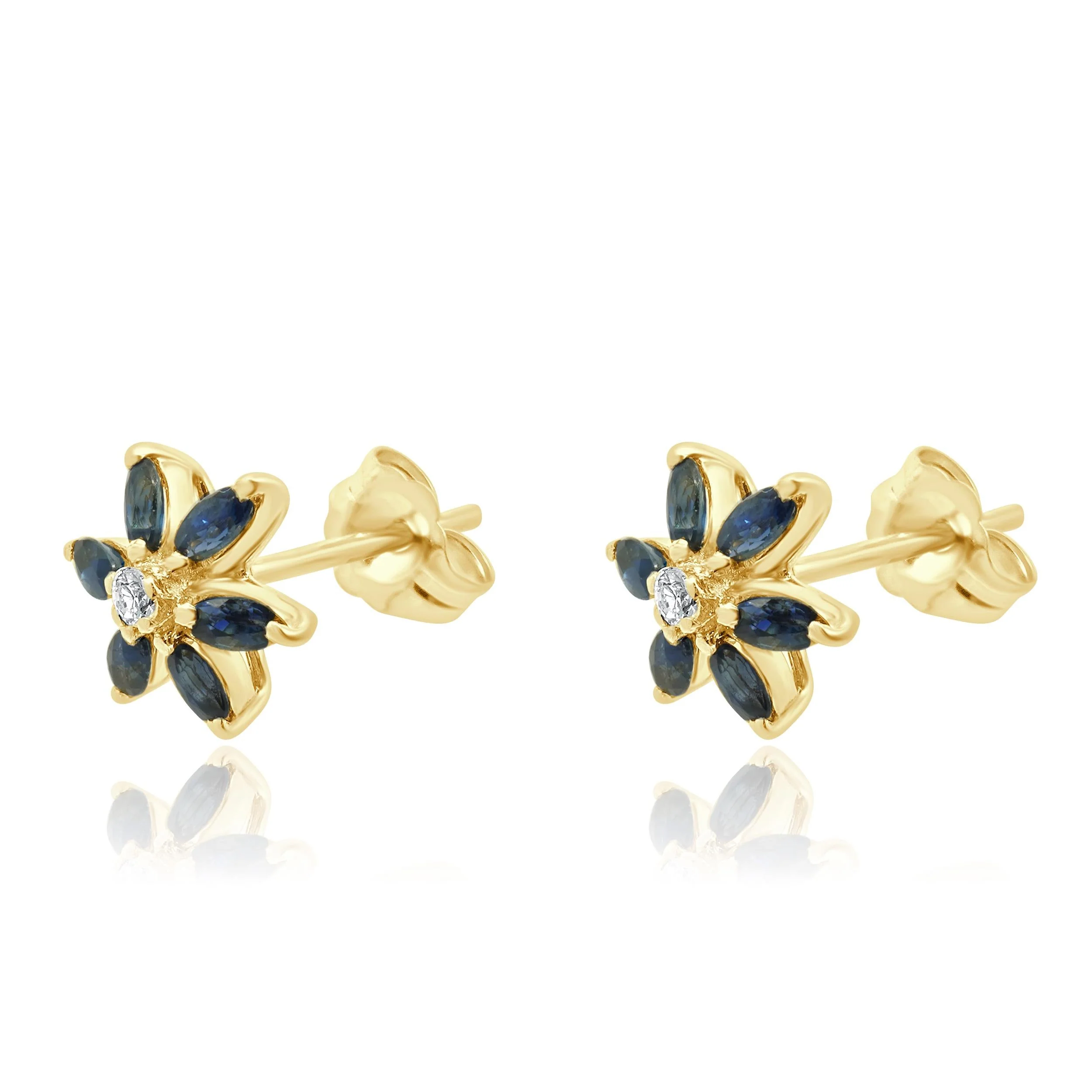 14 Karat Yellow Gold Sapphire and Diamond Flower Stud Earrings - Image 2