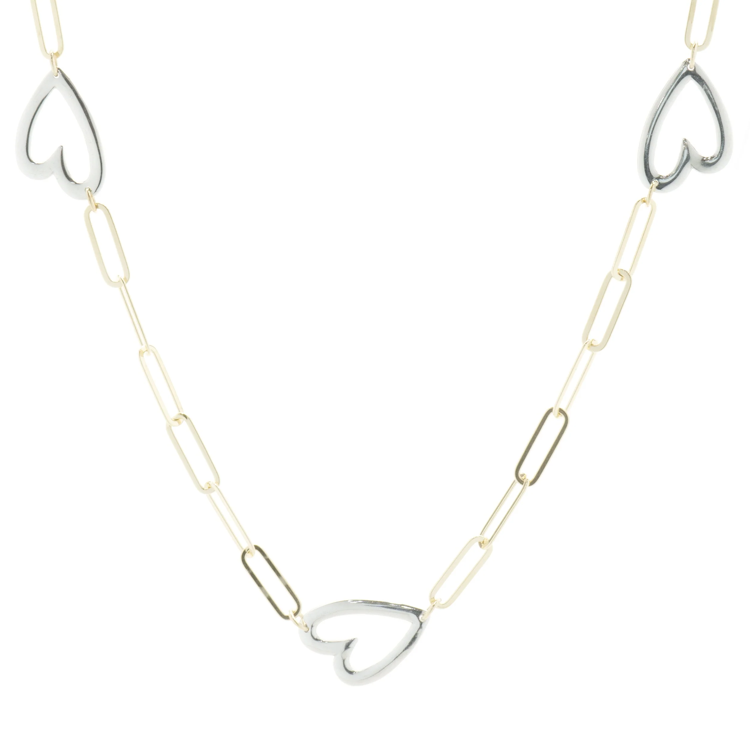 14 Karat Yellow & White Gold Paperclip Open Heart Station Necklace