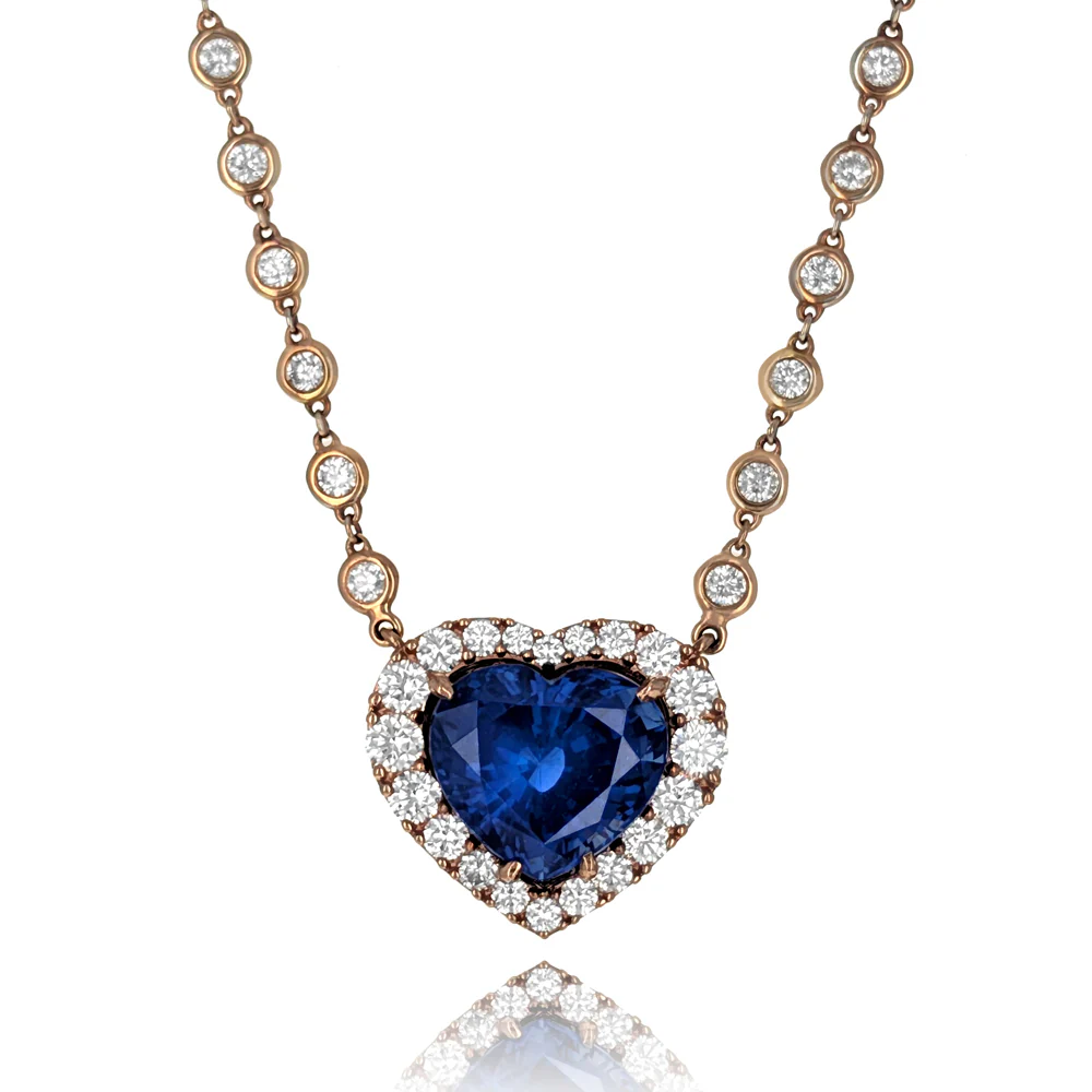 14K Rose Gold GIA Certified Heart Cut Sapphire and Diamonds By The Inch Necklace