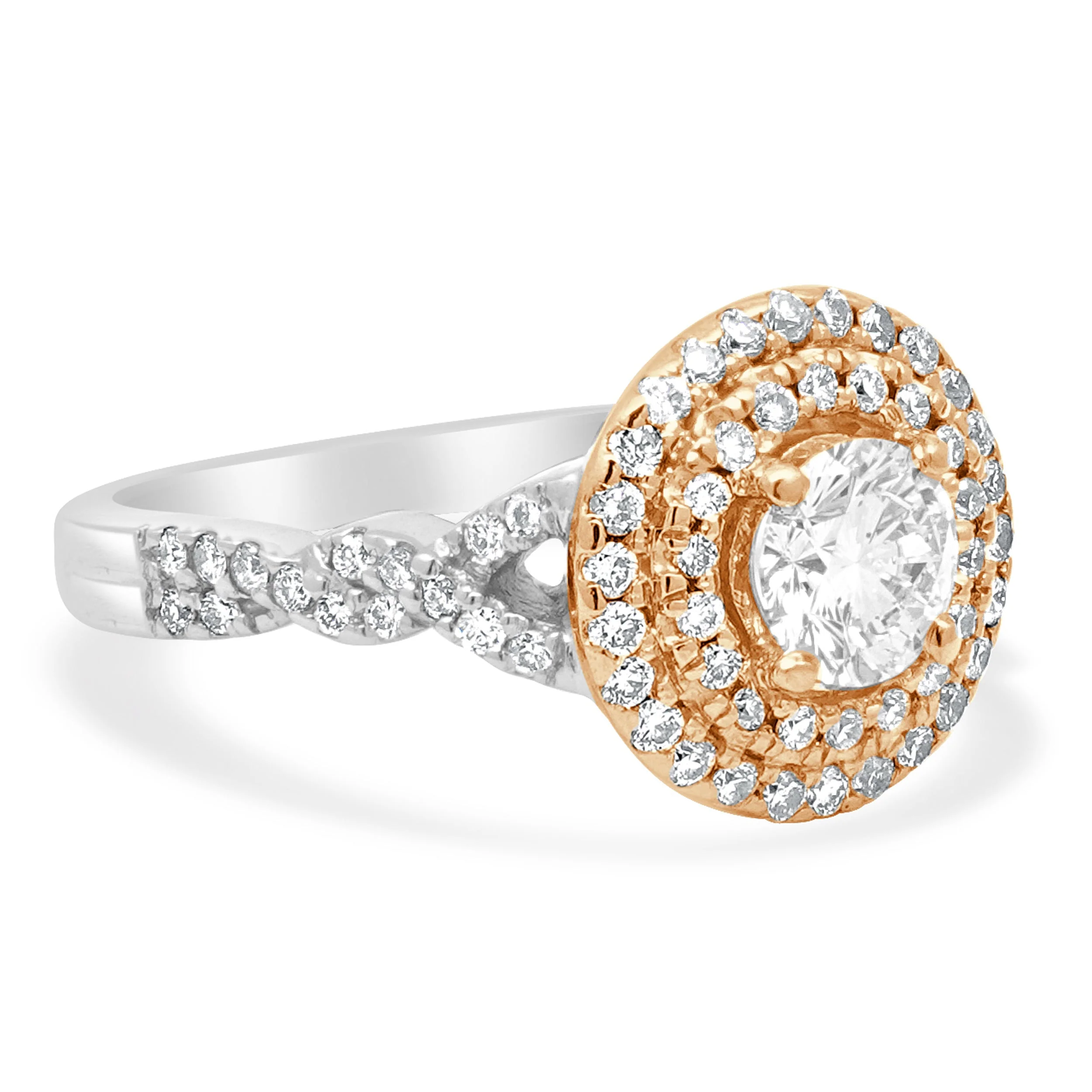 14K Two-Tone White and Rose Gold GSI Certified Round Brilliant Cut Diamond Double Halo Crossover Engagement Ring - Image 3