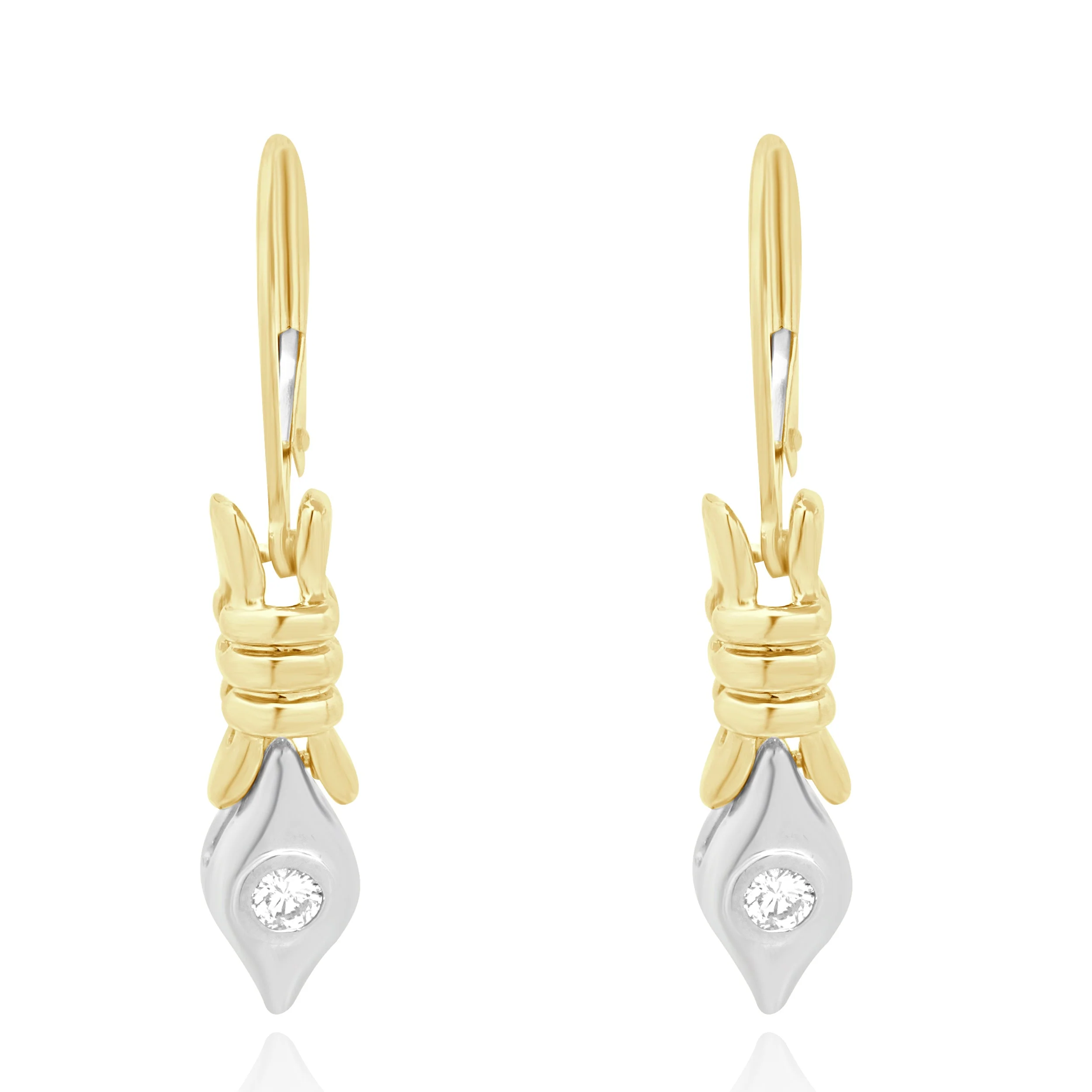14K Two-Tone Yellow and White Gold Bezel Set Round Diamond Dangle Earrings
