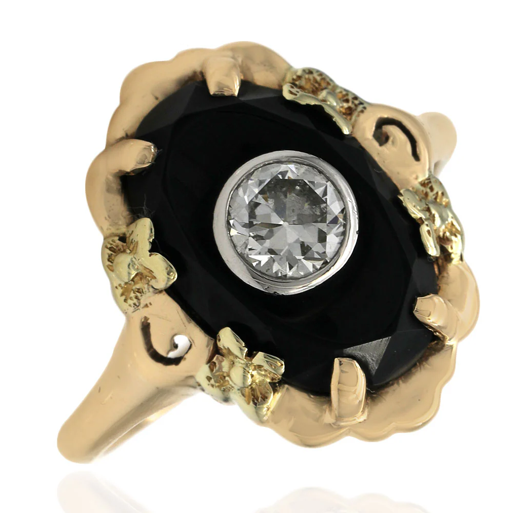 14K Two-Tone Yellow and White Gold Black Onyx Diamond Ring