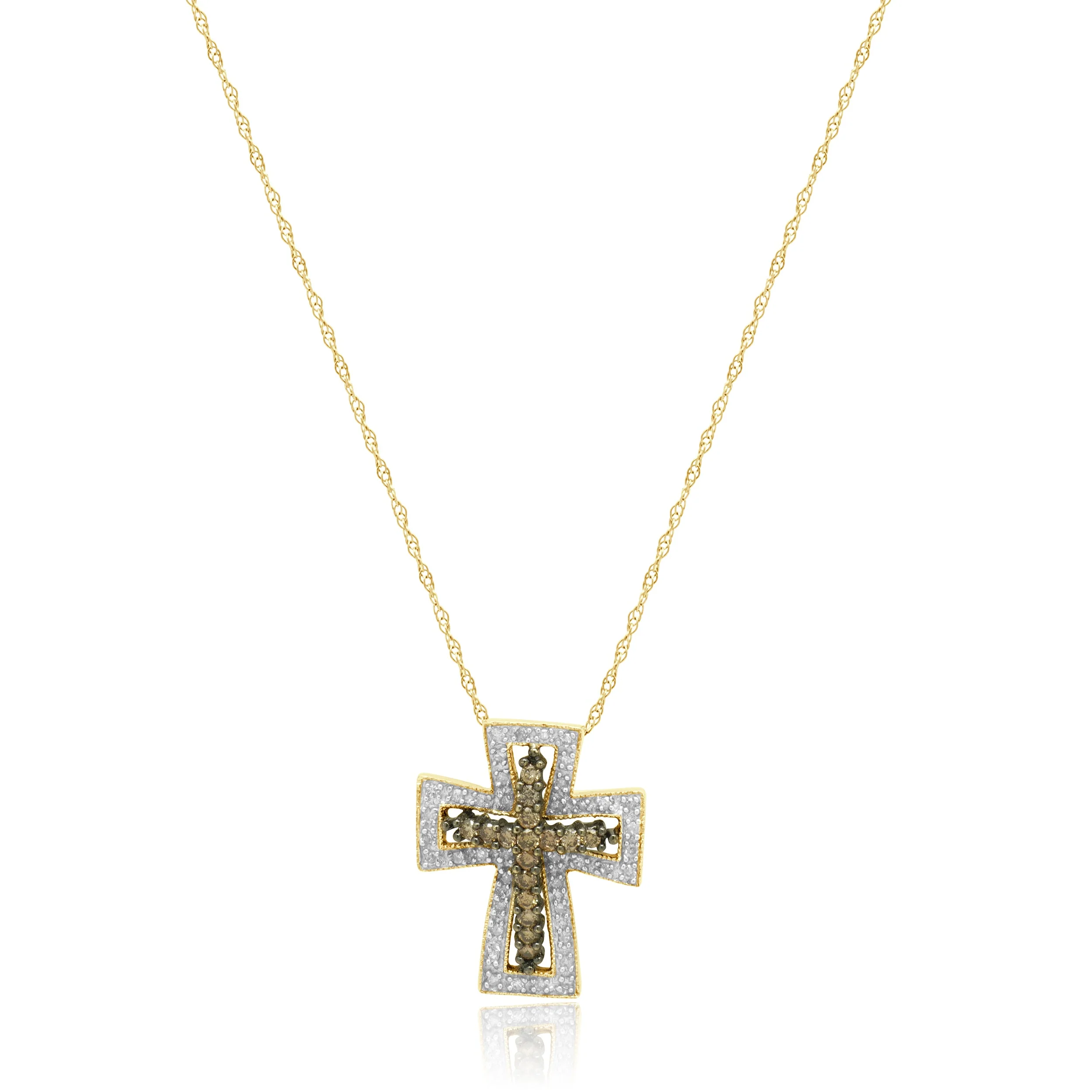 14K Two-Tone Yellow and White Gold Diamond Cross Pendant Necklace 18.0"
