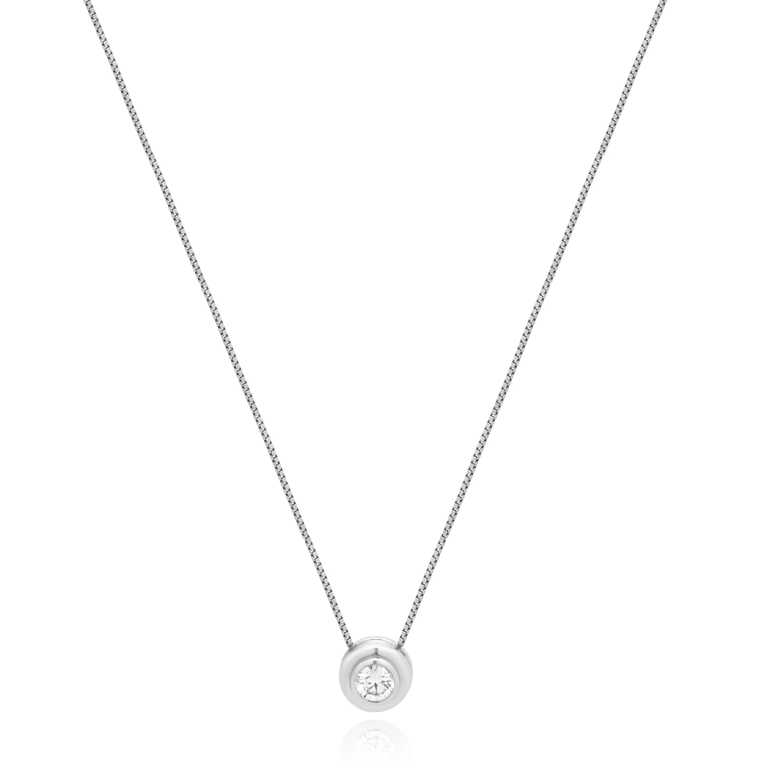 14K White Gold and Bezel Set Round Brilliant Cut Diamond Solitaire Pendant Necklace 17.75"