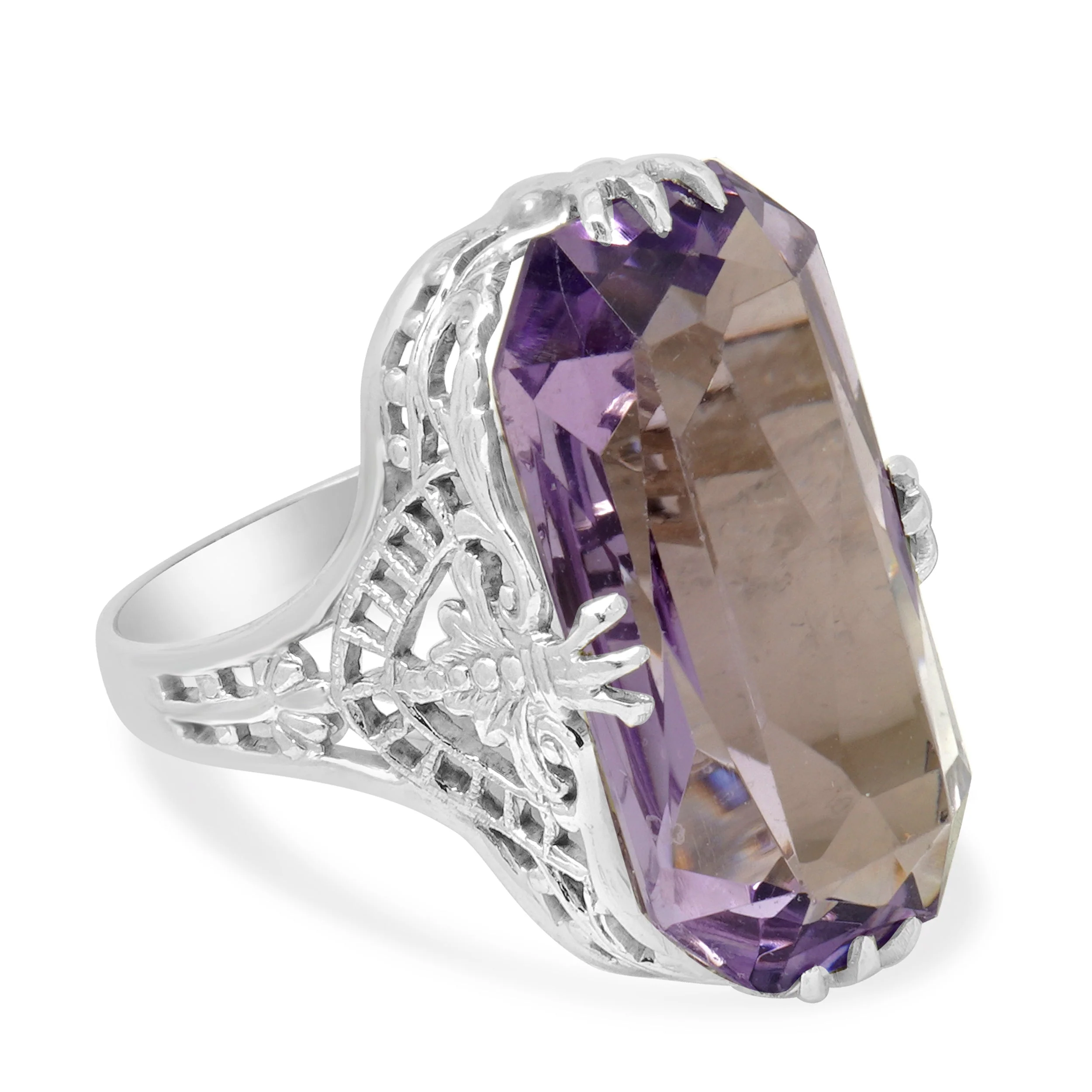 14K White Gold and Fancy Cut Amethyst Solitaire Art Deco Ring - Image 3