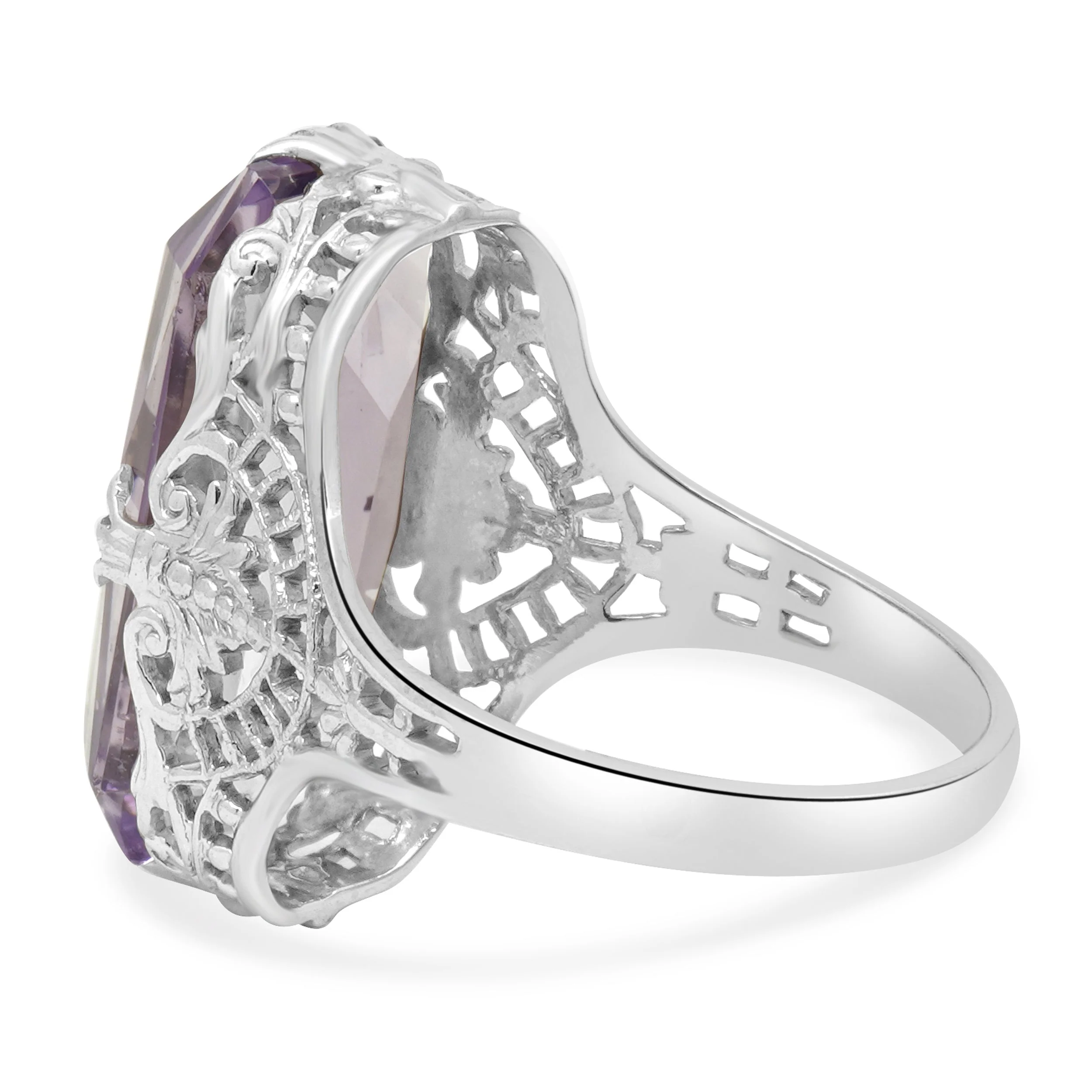 14K White Gold and Fancy Cut Amethyst Solitaire Art Deco Ring - Image 4