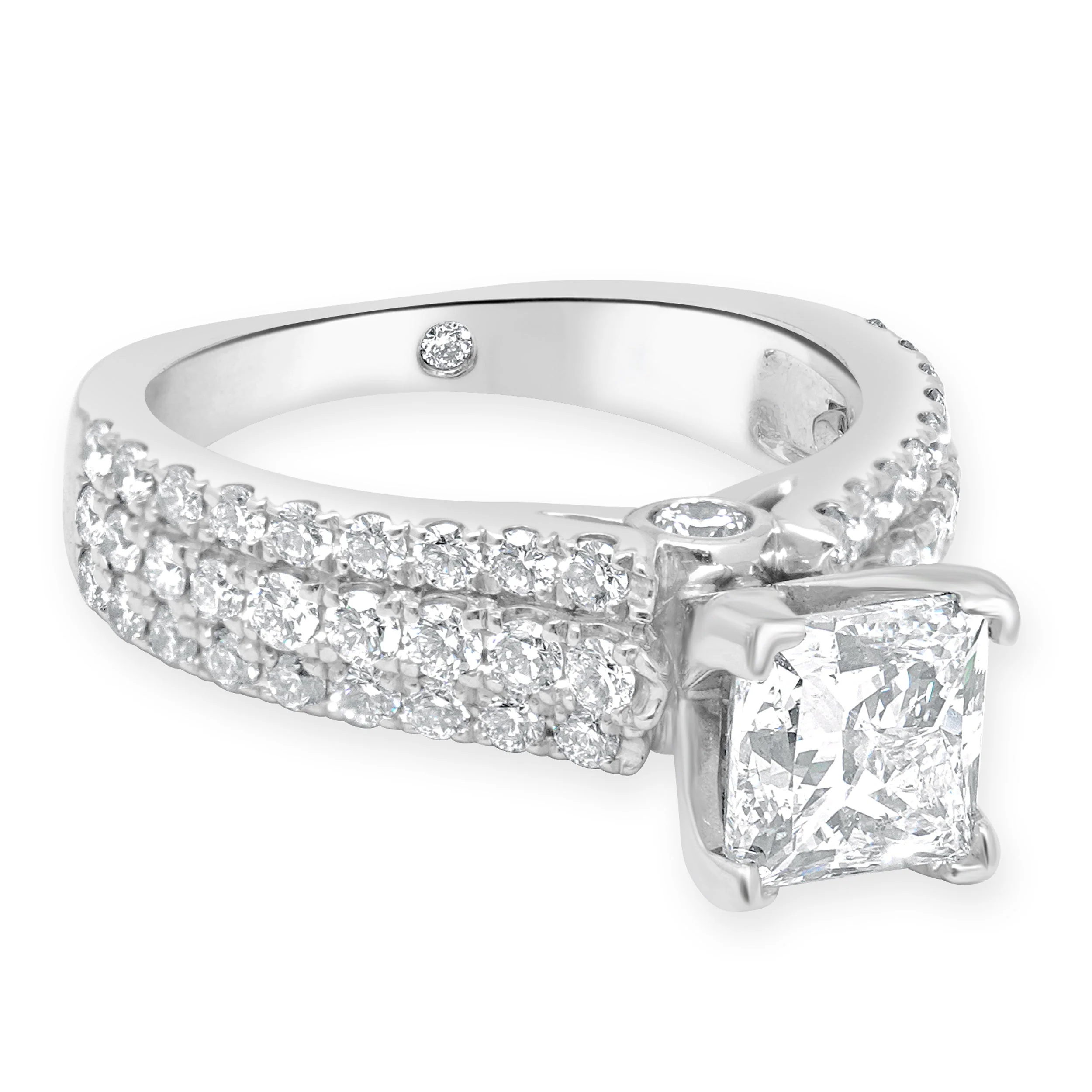 14K White Gold GSI Certified Princess Cut and Round Diamond 3-Row Engagement Ring - Image 3