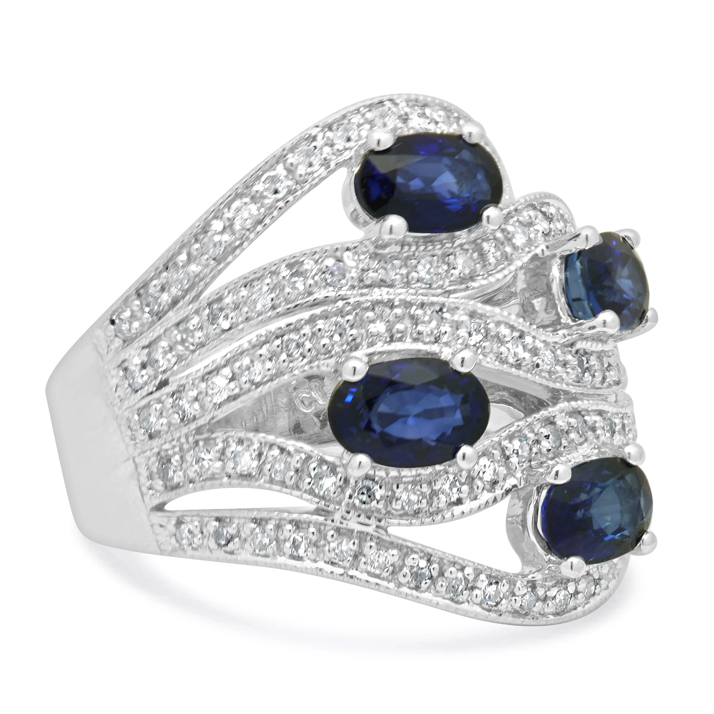 14K White Gold Oval Blue Sapphire and Round Diamond Wave Ring - Image 3
