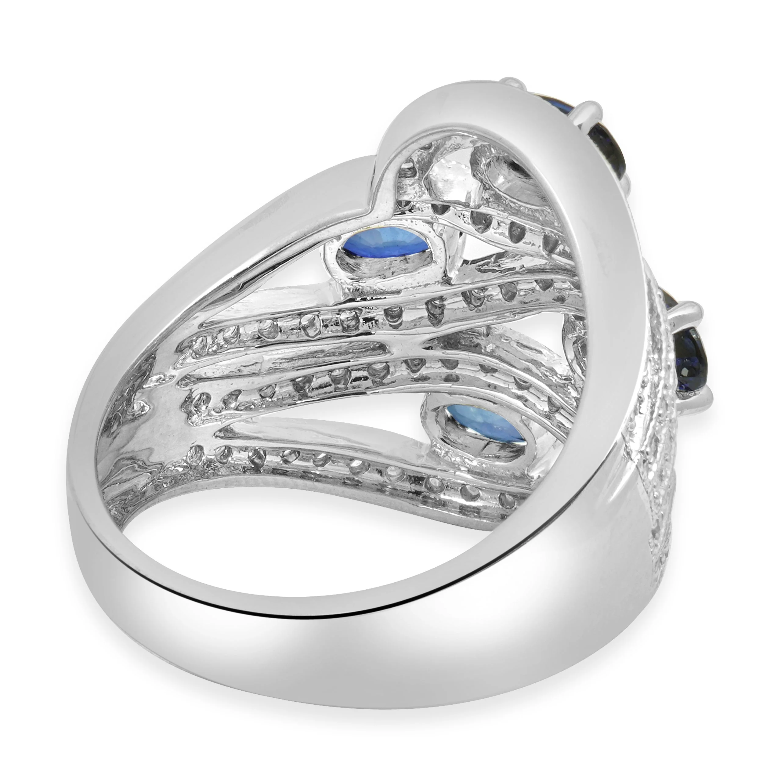 14K White Gold Oval Blue Sapphire and Round Diamond Wave Ring - Image 4