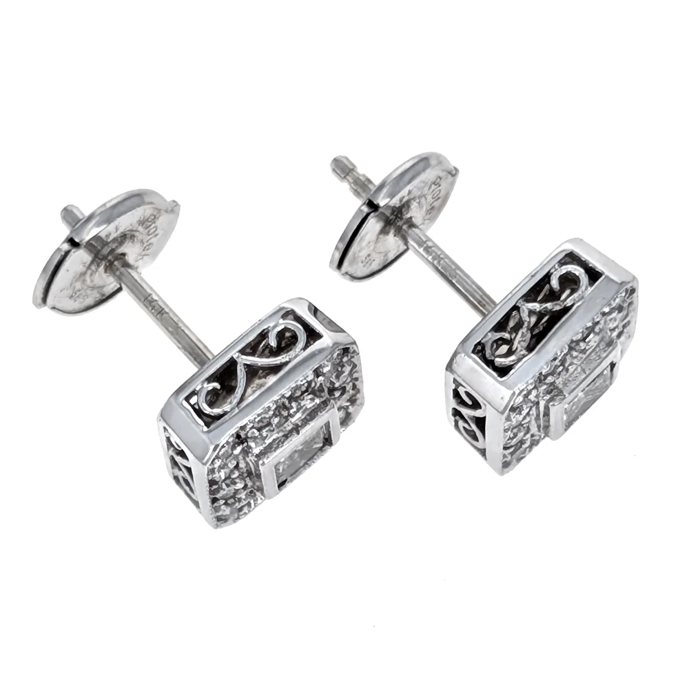 14K White Gold Princess & Round-Cut Diamond Halo Stud Earrings - Image 2