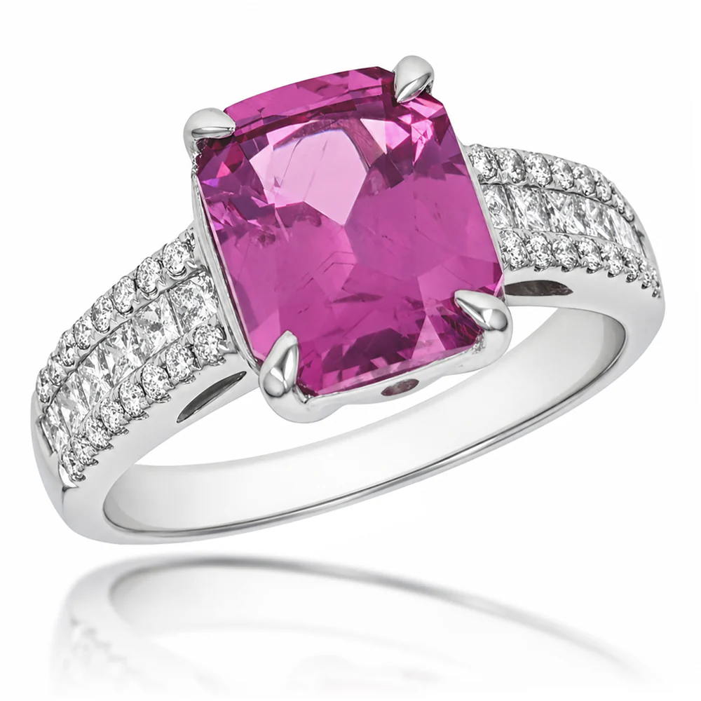 14K White Gold Radiant Cut Pink Sapphire and Diamond Ring