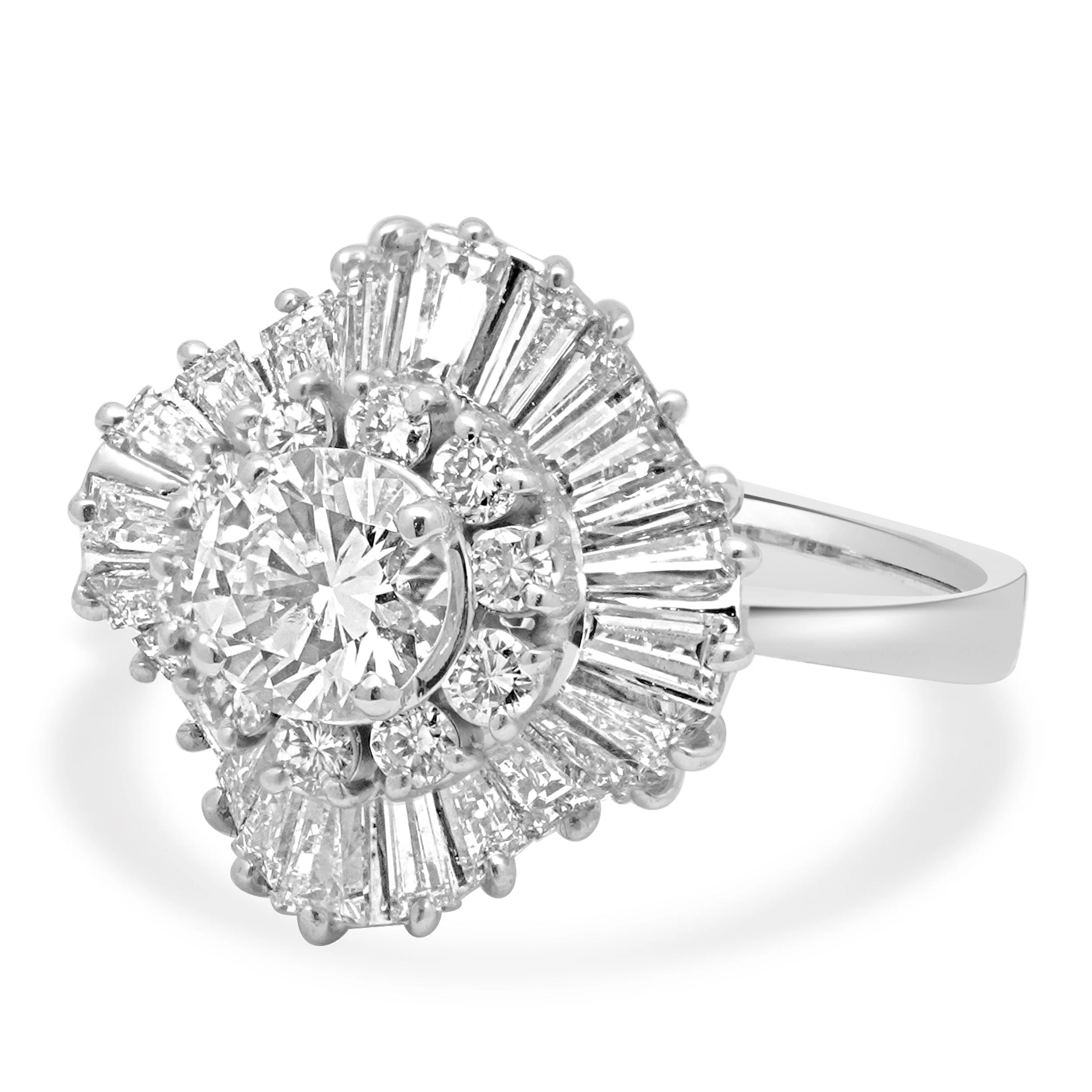 14K White Gold Round Brilliant Cut and Baguette Cut Diamond Ballerina Ring - Image 2