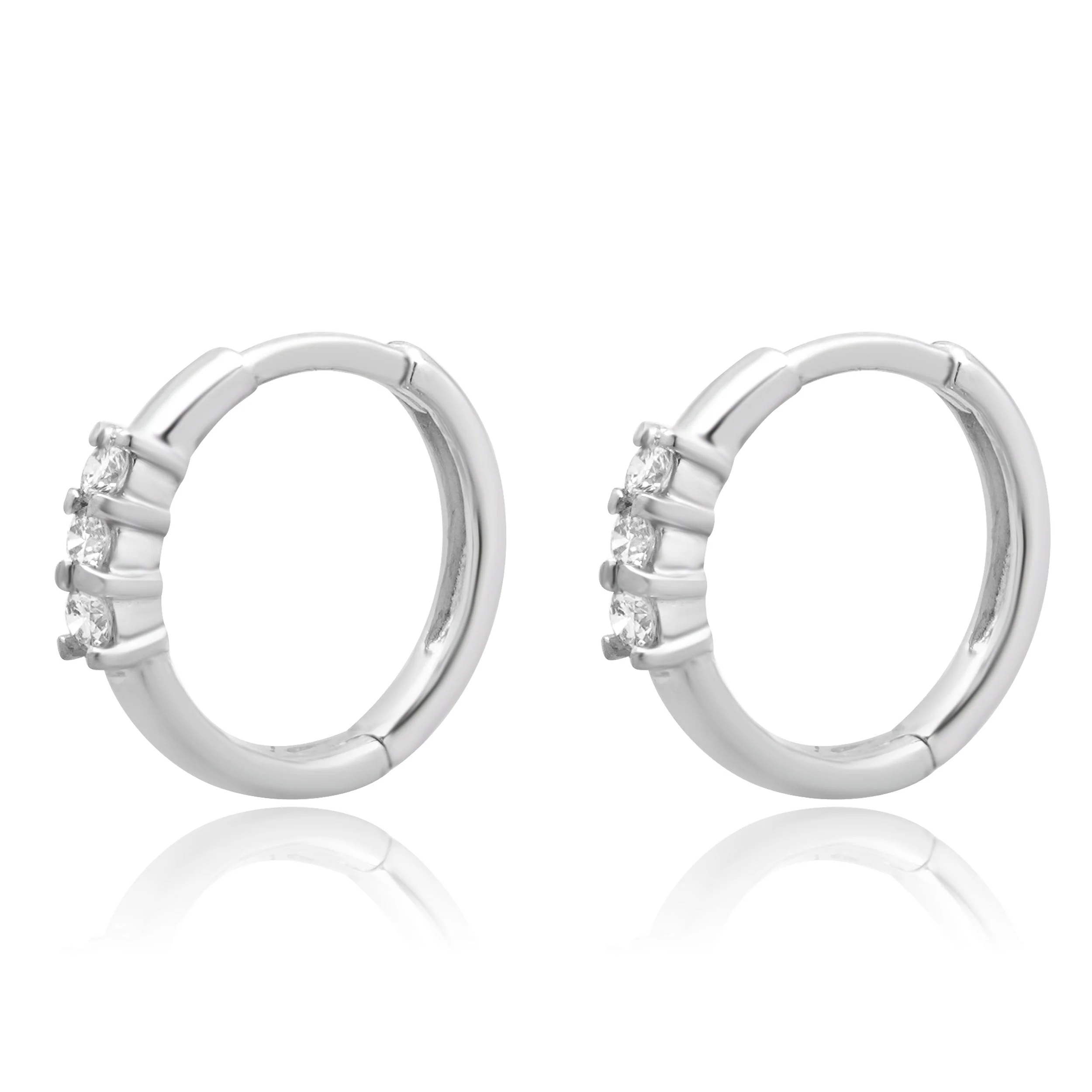 14K White Gold Round Diamond Huggie Earrings - Image 2