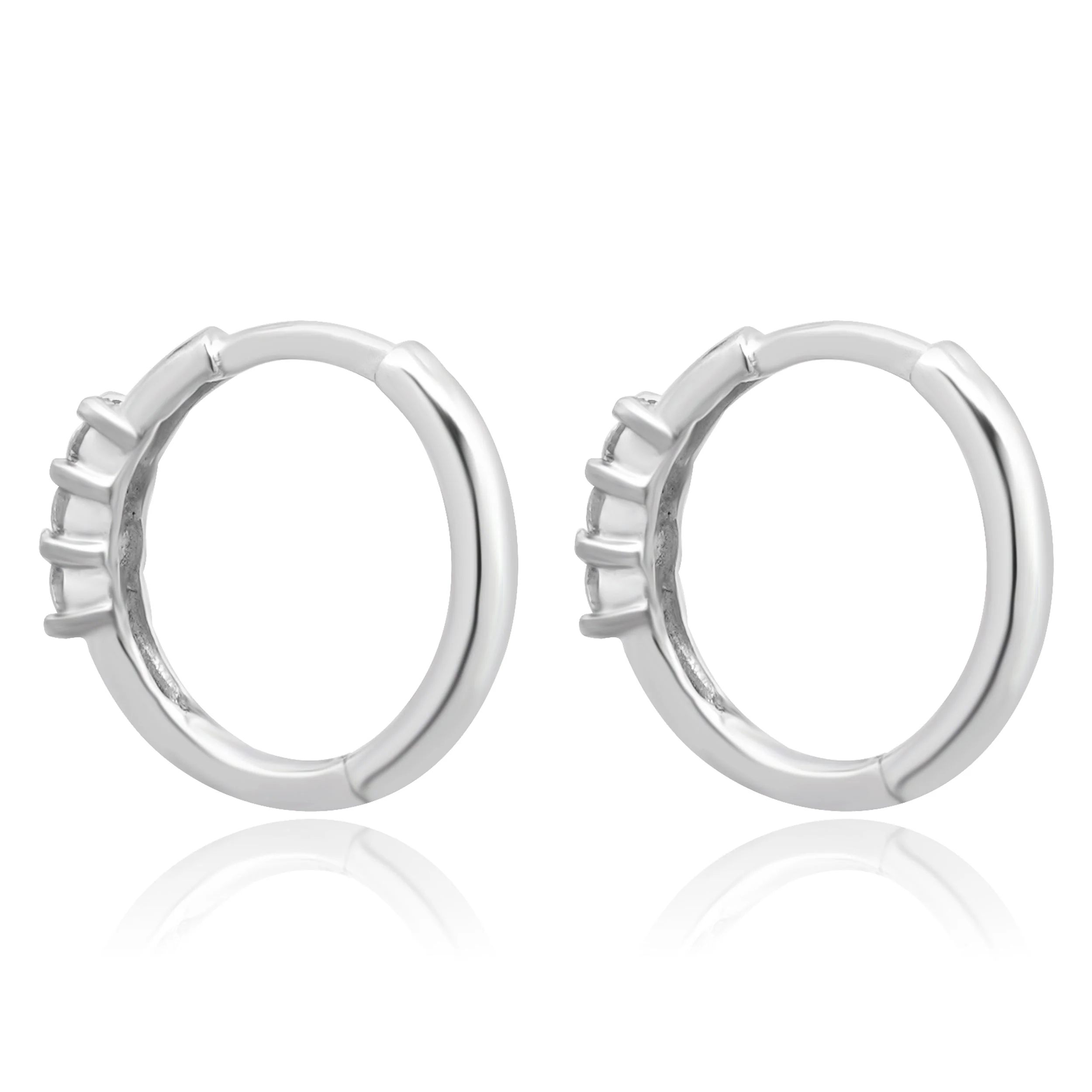 14K White Gold Round Diamond Huggie Earrings - Image 3