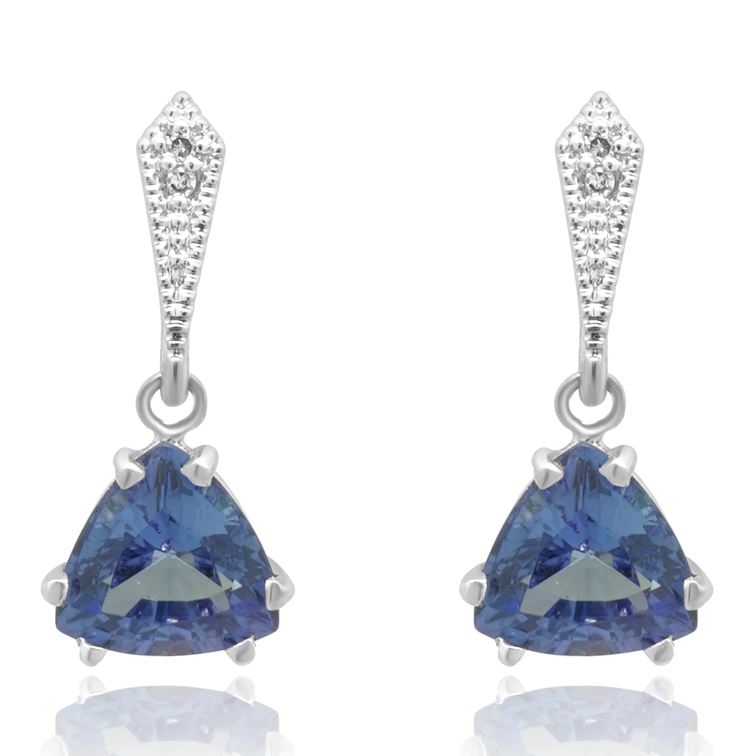 14K White Gold Trillion Cut Tanzanite and Diamond Dangle Earrings