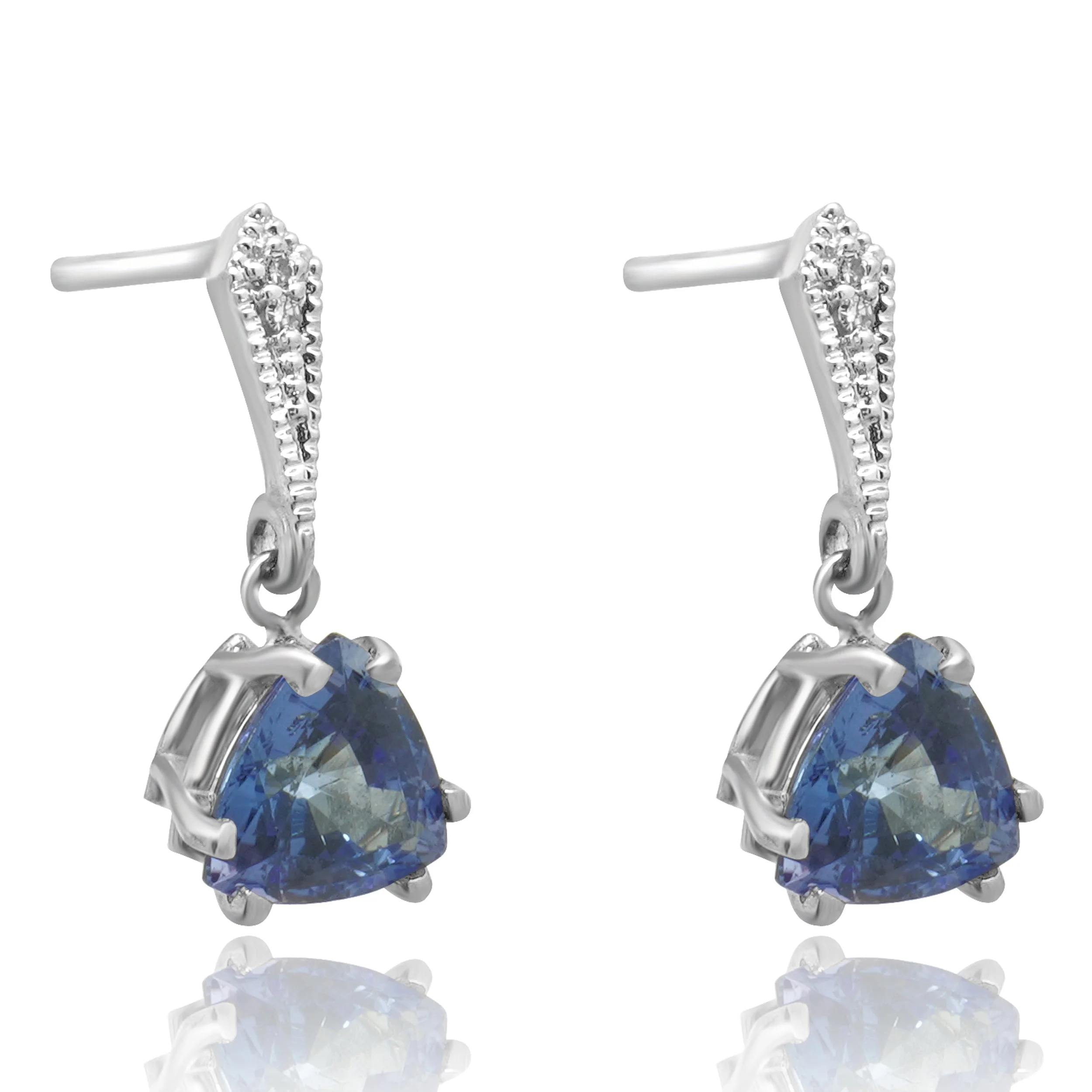 14K White Gold Trillion Cut Tanzanite and Diamond Dangle Earrings - Image 3