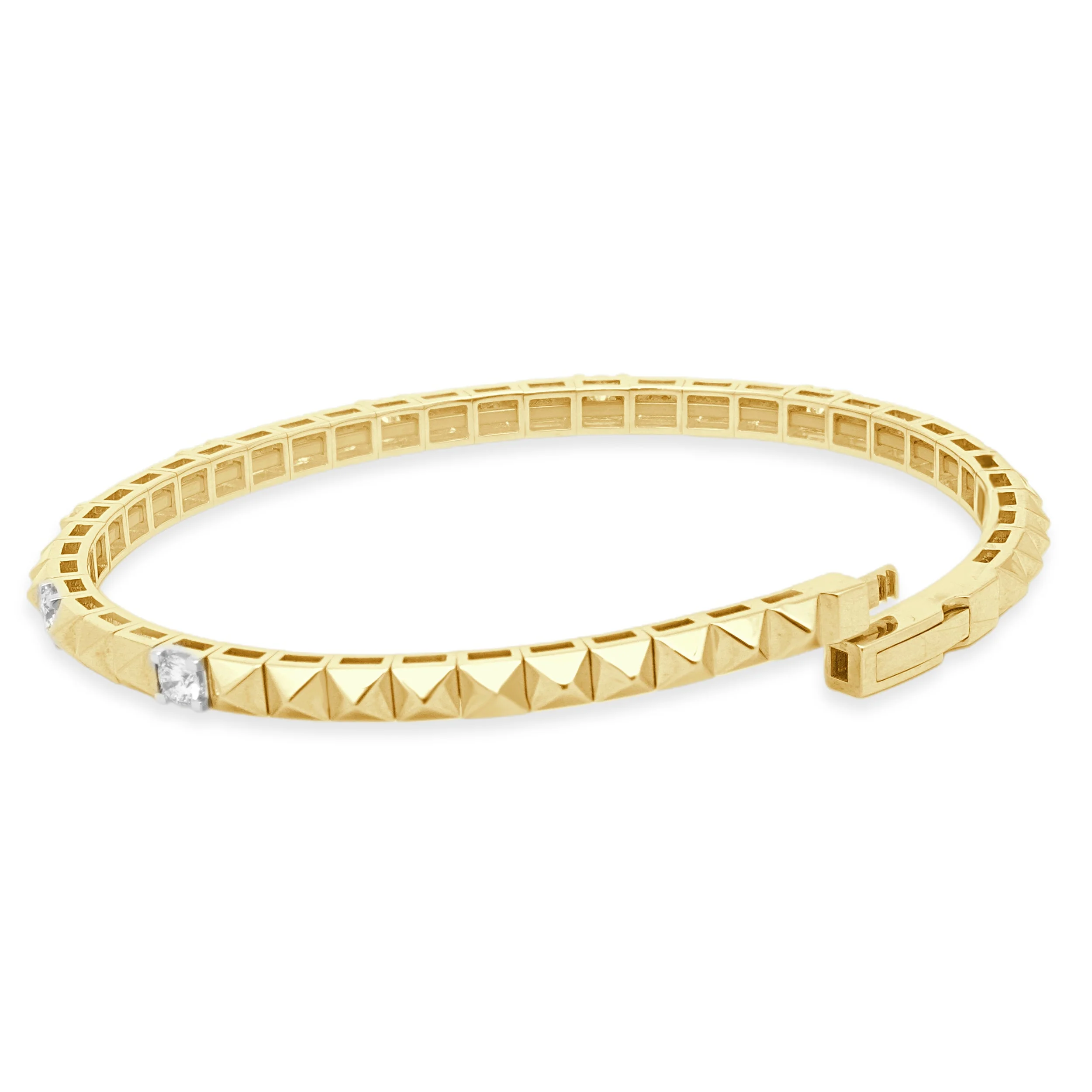 14K Yellow Gold and Prong Set Round Diamond Pyramid Flex Bangle Bracelet 6.25" - Image 4