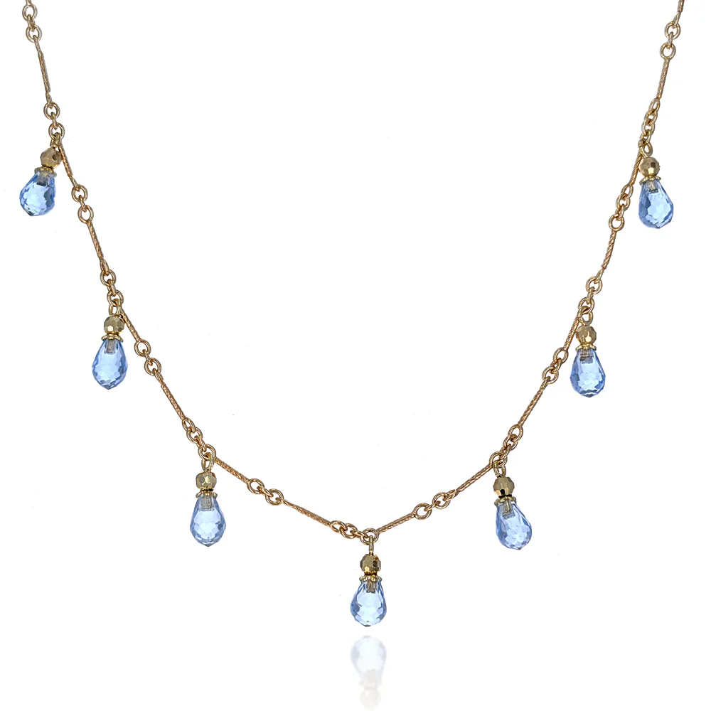 14K Yellow Gold Blue Topaz Briolette Station Necklace