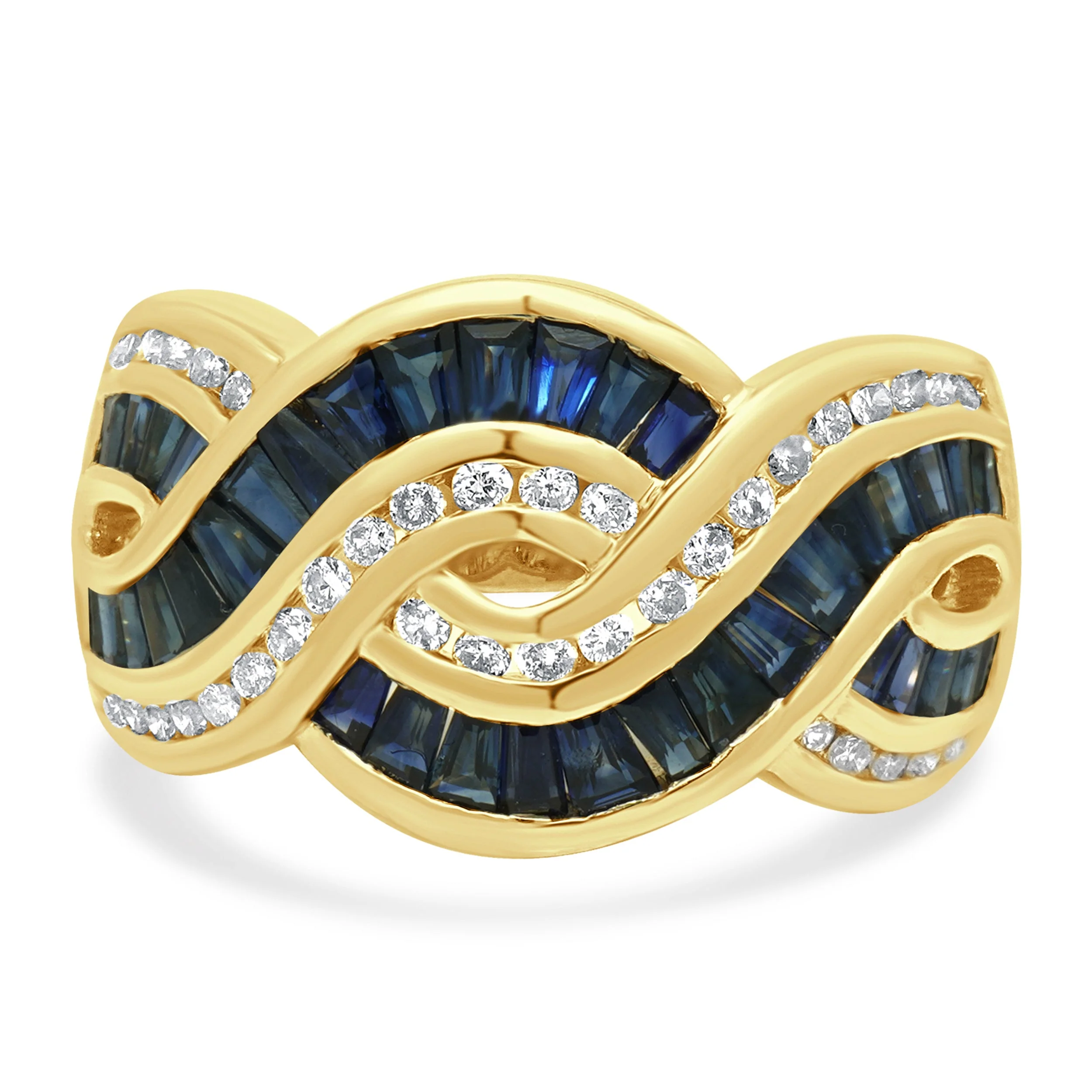 14K Yellow Gold Channel Set Blue Sapphire and Round Diamond Braided Band