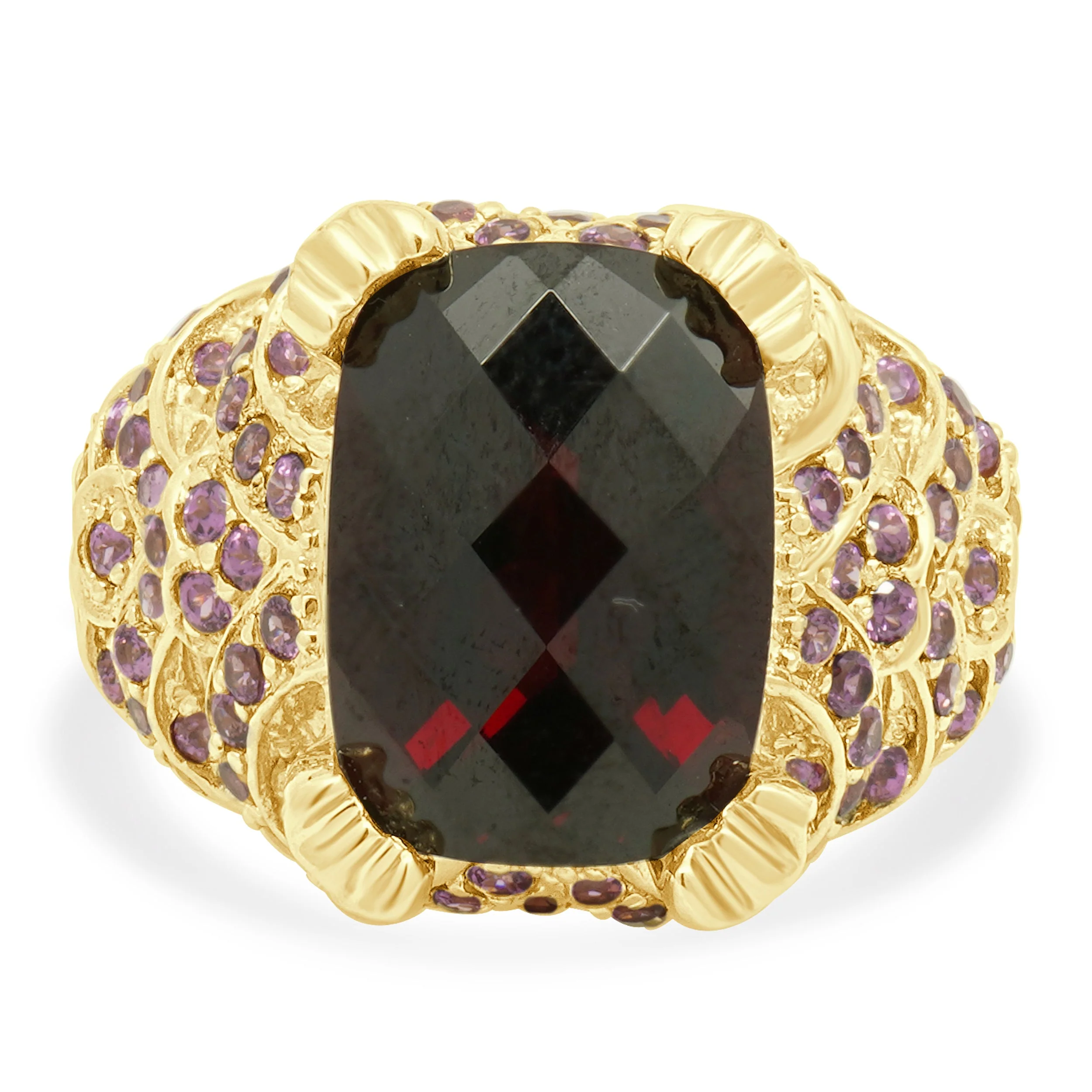 14K Yellow Gold Checkerboard Elongated Cushion Cut Garnet and Round Pink Topaz Ring