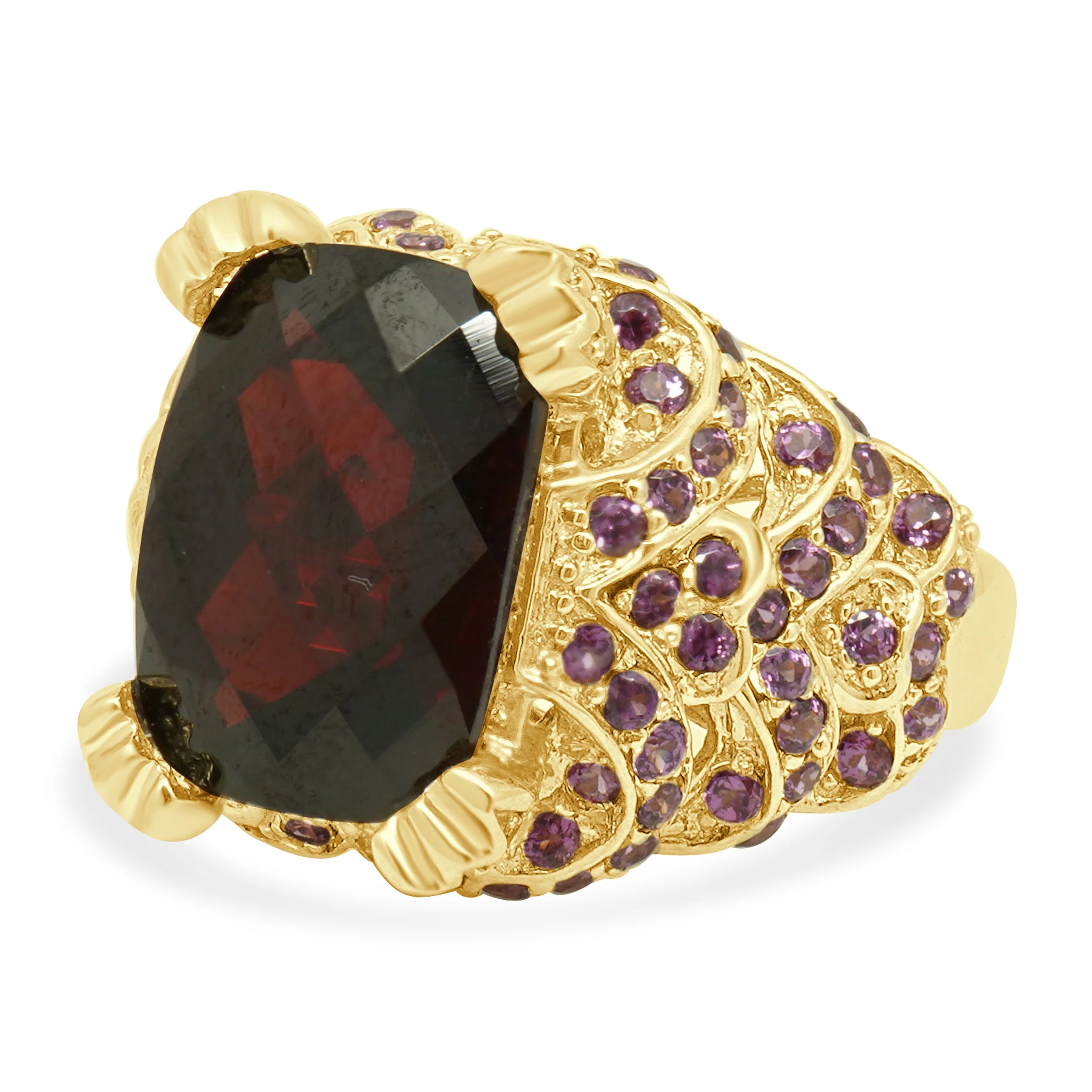 14K Yellow Gold Checkerboard Elongated Cushion Cut Garnet and Round Pink Topaz Ring - Image 2