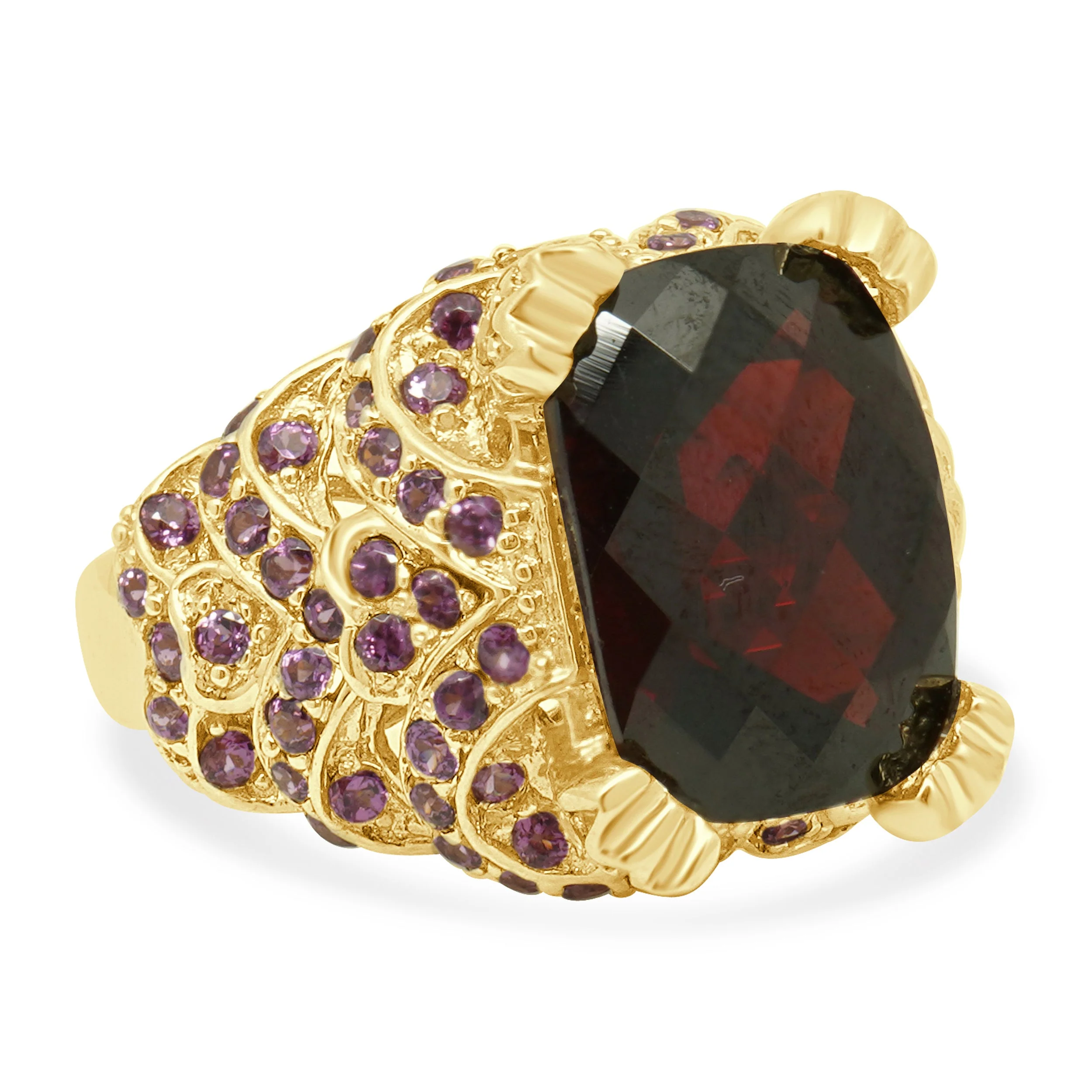 14K Yellow Gold Checkerboard Elongated Cushion Cut Garnet and Round Pink Topaz Ring - Image 3
