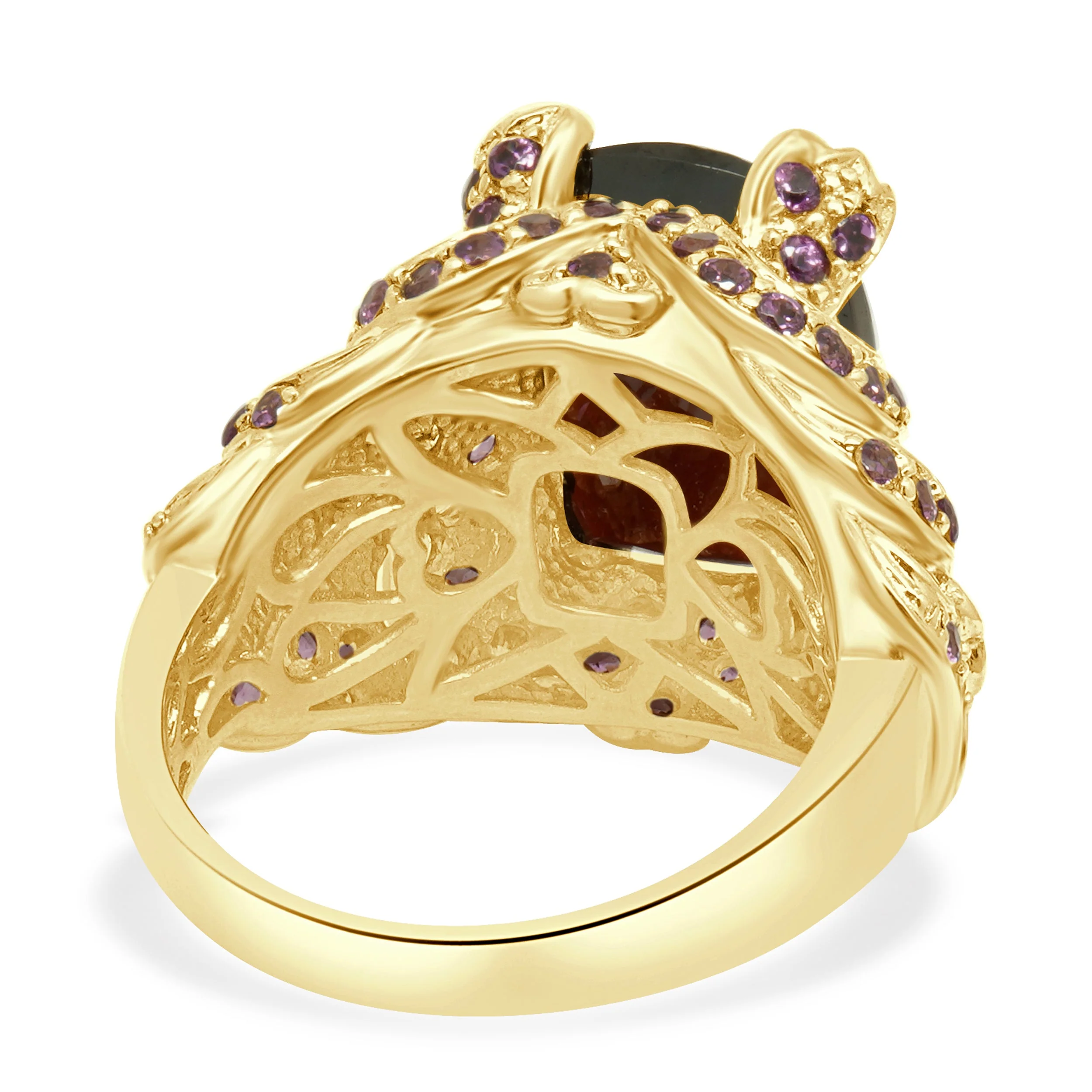 14K Yellow Gold Checkerboard Elongated Cushion Cut Garnet and Round Pink Topaz Ring - Image 4