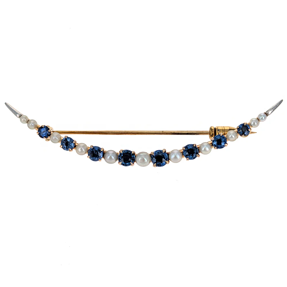14K Yellow and White Gold Edwardian Blue Sapphire and Pearl Crescent Moon Pin