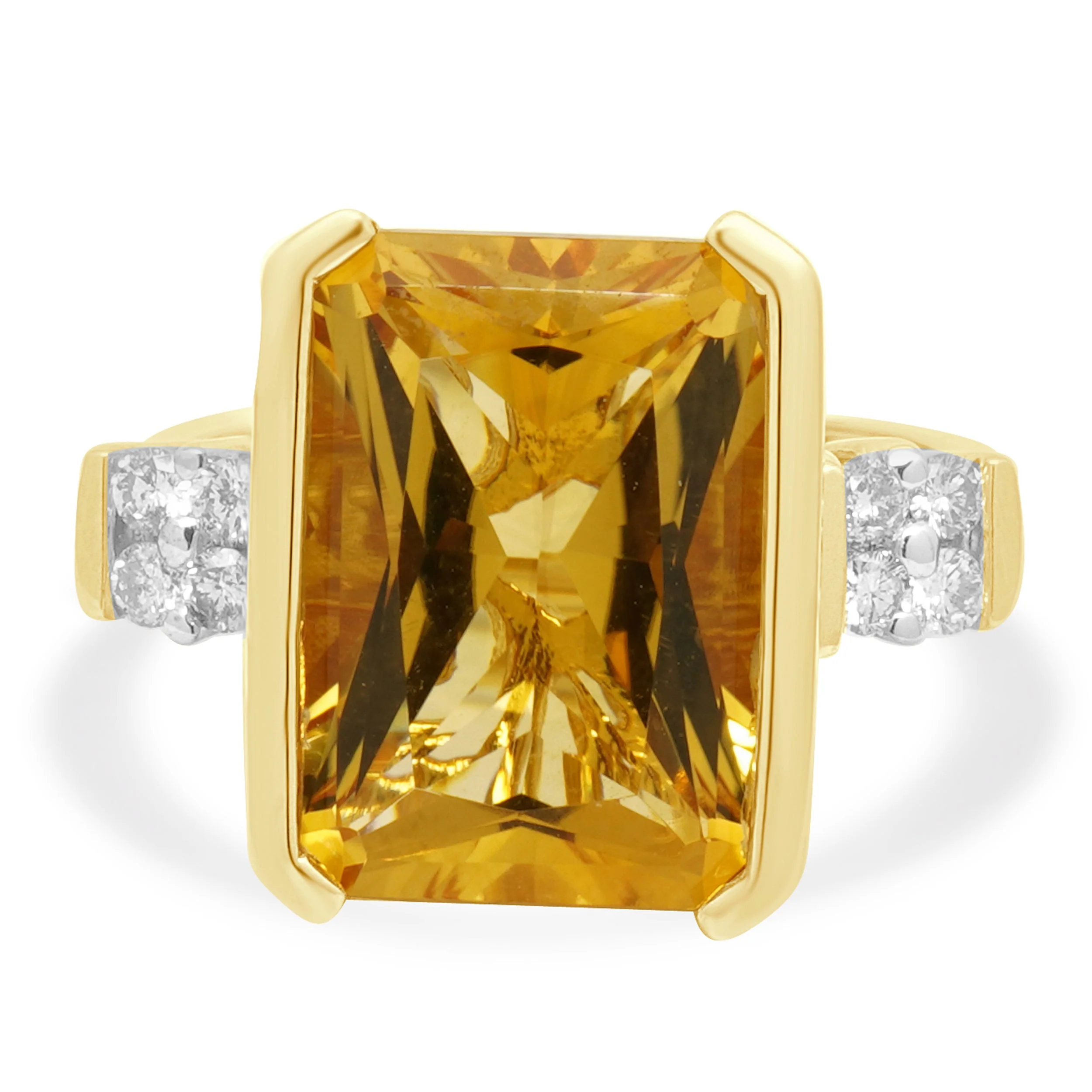 14K Yellow Gold Emerald Cut Citrine and Round Diamond Accent Ring
