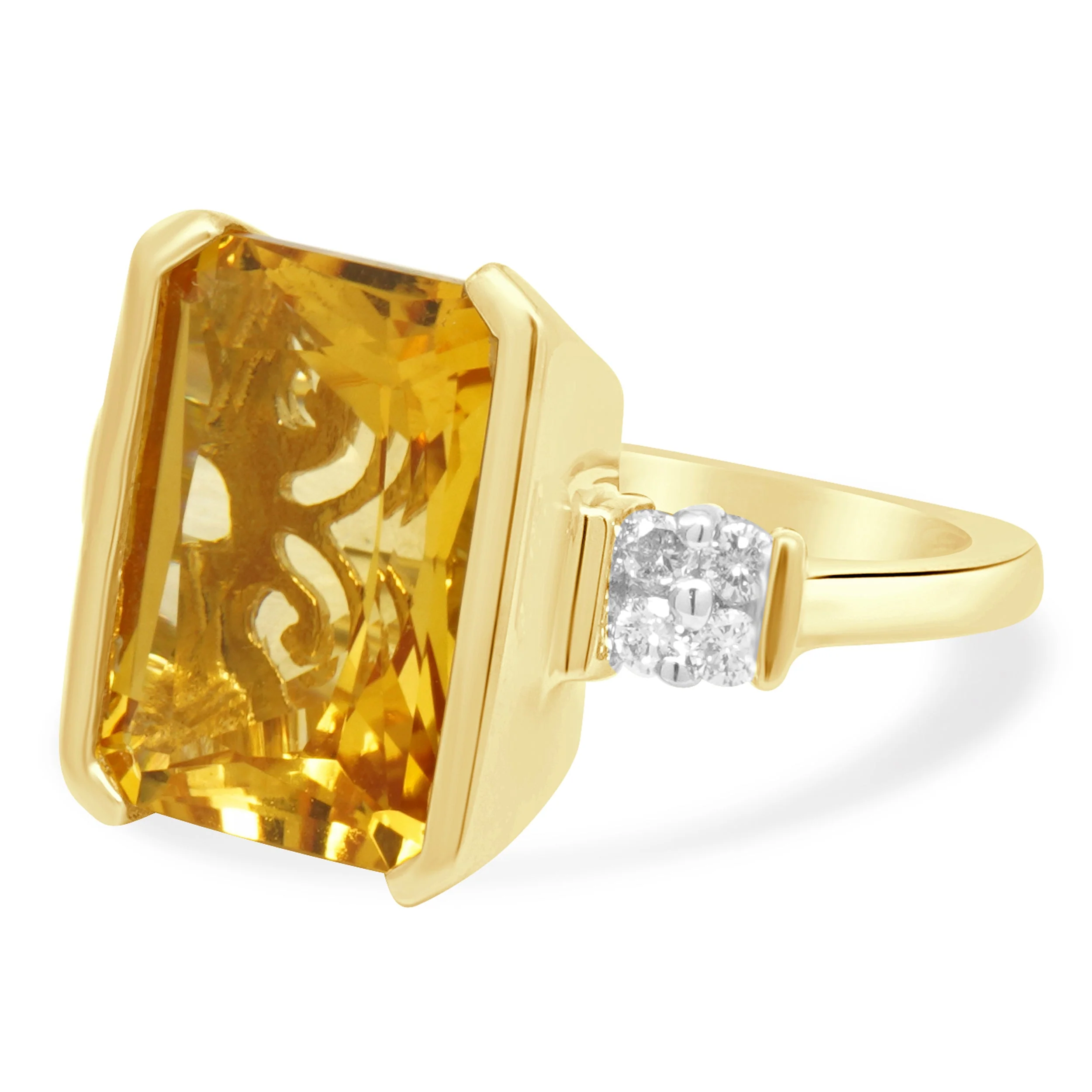 14K Yellow Gold Emerald Cut Citrine and Round Diamond Accent Ring - Image 2