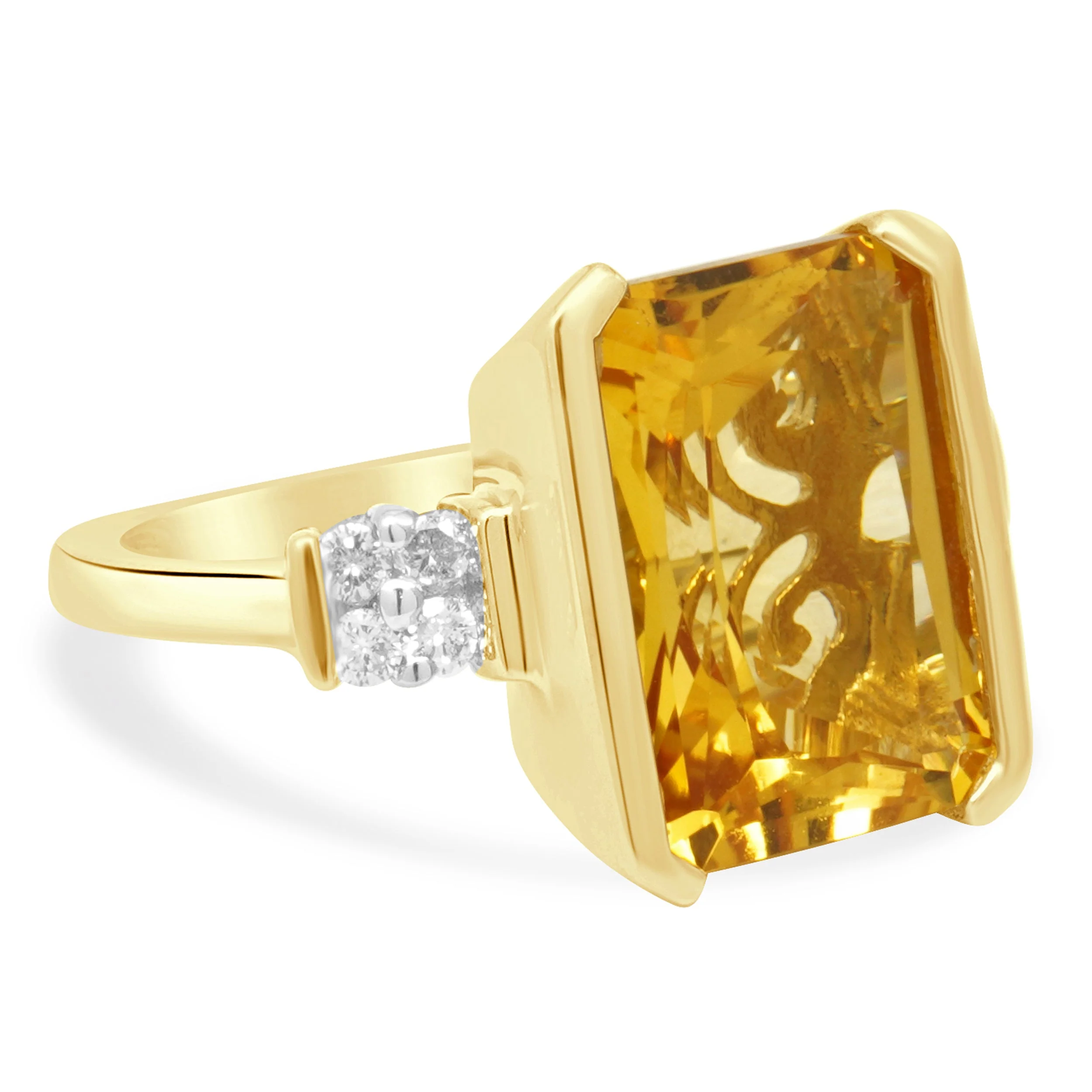14K Yellow Gold Emerald Cut Citrine and Round Diamond Accent Ring - Image 3
