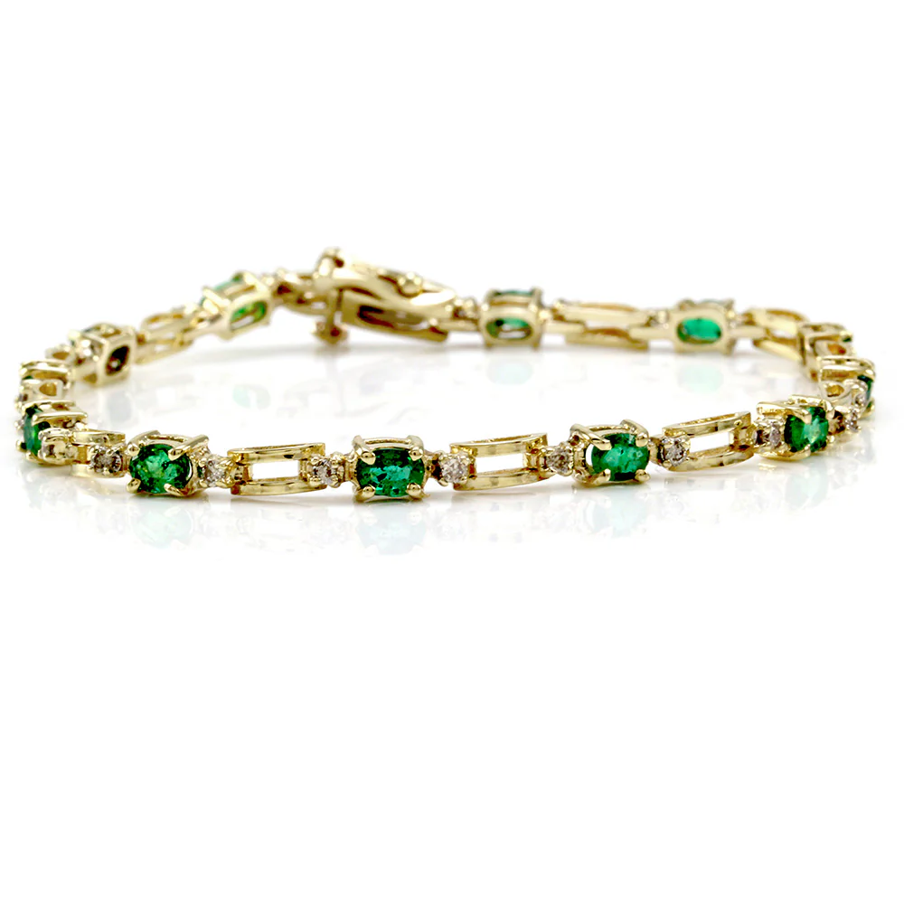 14K Yellow Gold Emerald & Diamond Link Bracelet