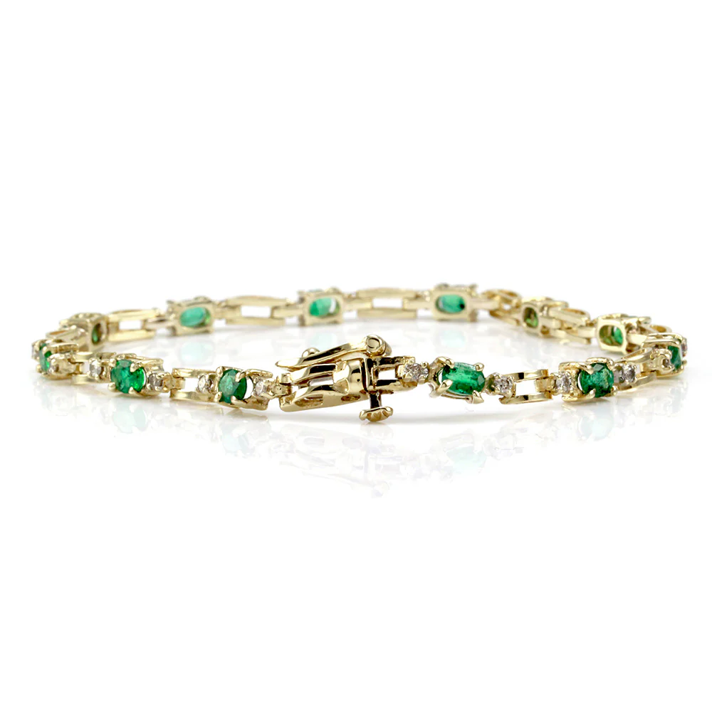 14K Yellow Gold Emerald & Diamond Link Bracelet - Image 3