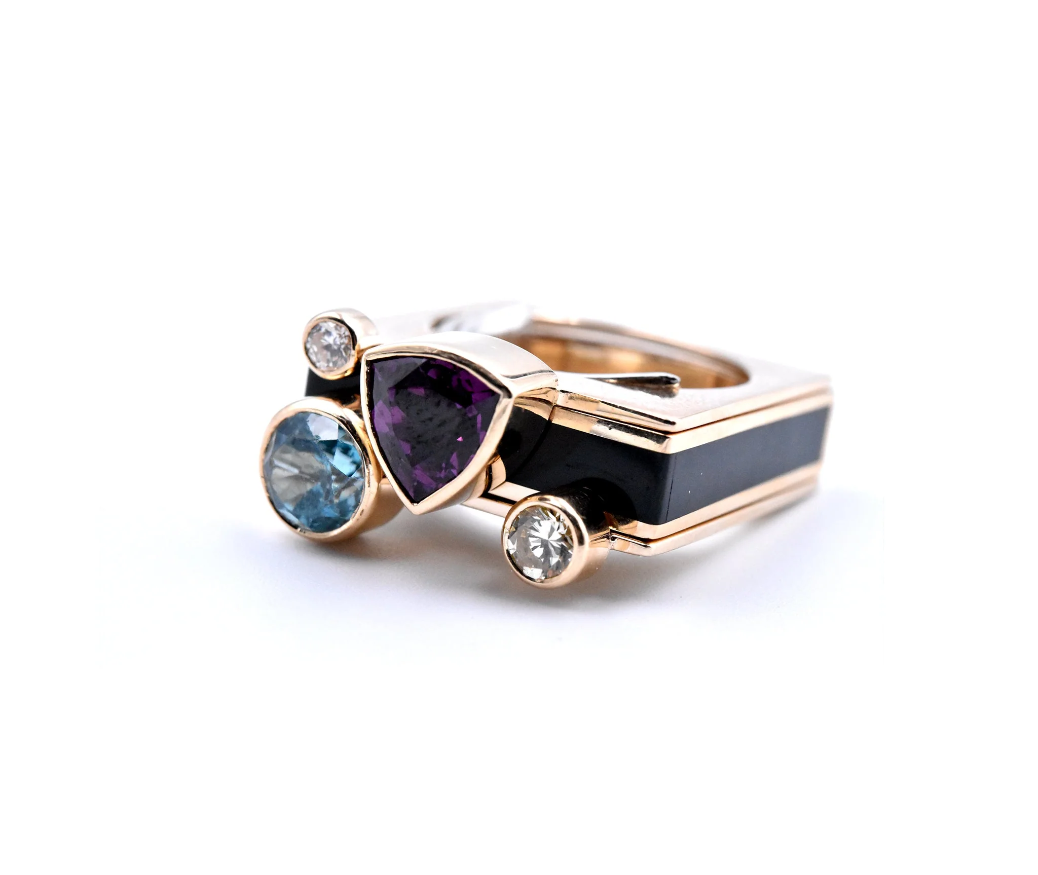 14k Yellow Gold Garnet, Zircon, Diamond, and Onyx Geometric Ring - Image 3