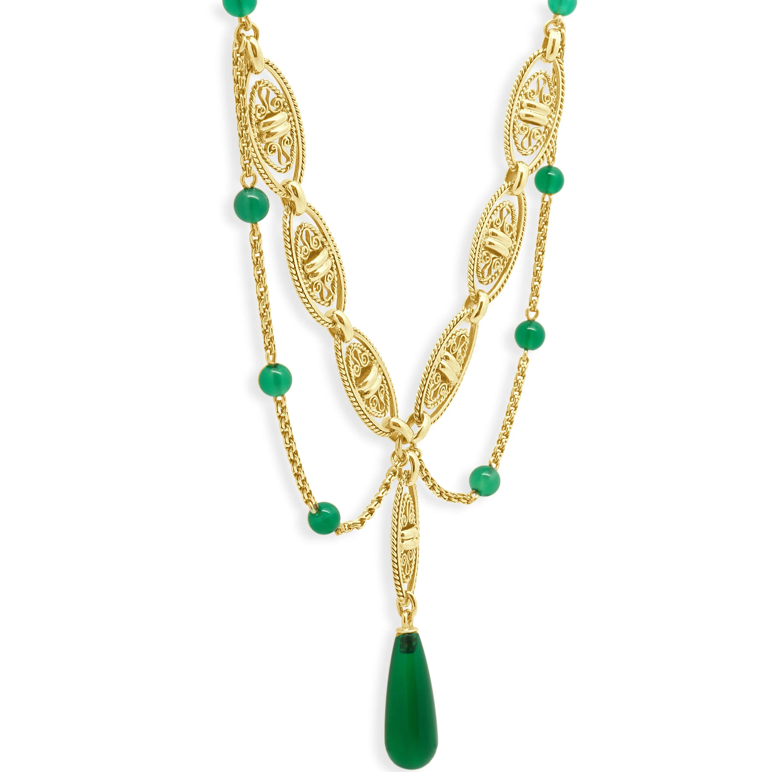 14K Yellow Gold Green Chalcedony Filigree Necklace 15.75" - Image 4