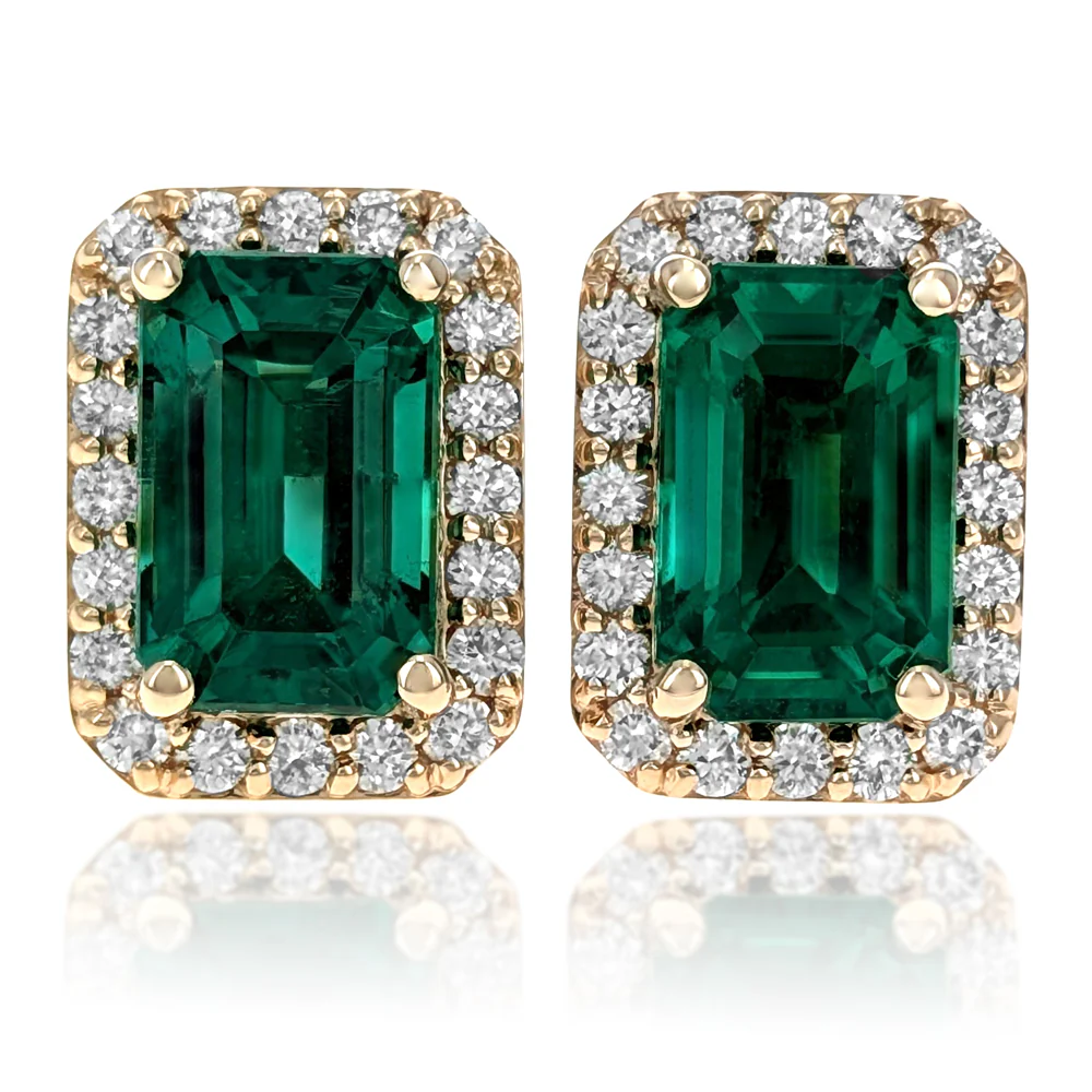14K Yellow Gold Kelly Green Emerald and Diamond Halo Stud Earrings