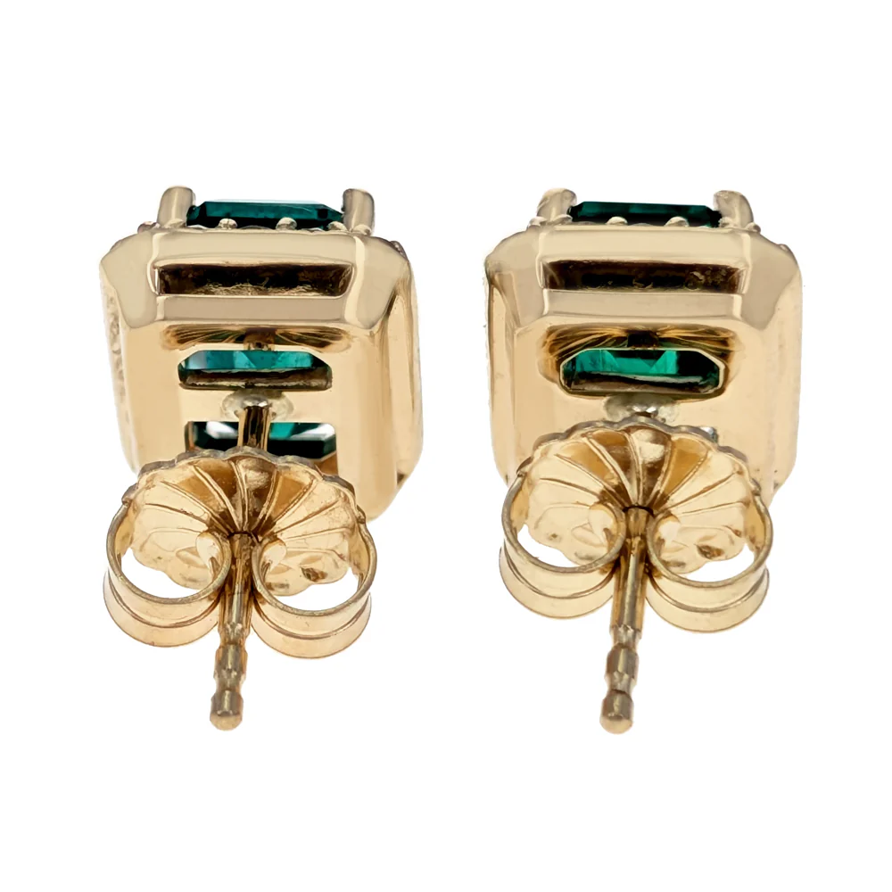 14K Yellow Gold Kelly Green Emerald and Diamond Halo Stud Earrings - Image 3