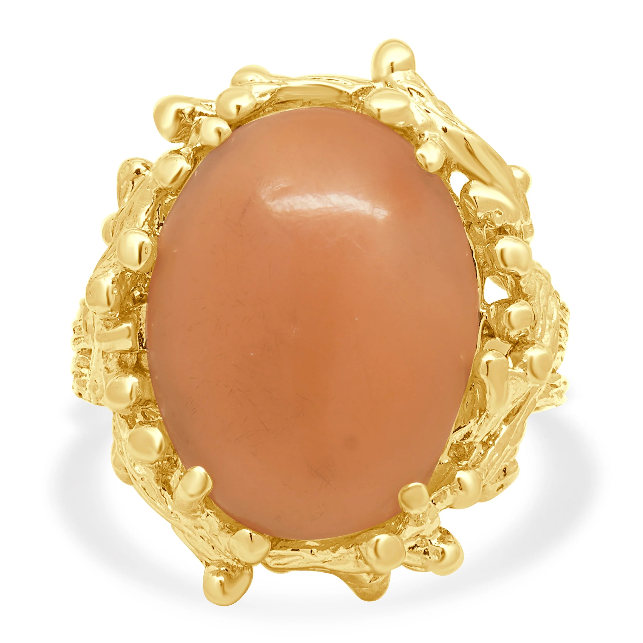 14K Yellow Gold Oval Cabochon Cut Coral Solitaire Coral Reef Ring