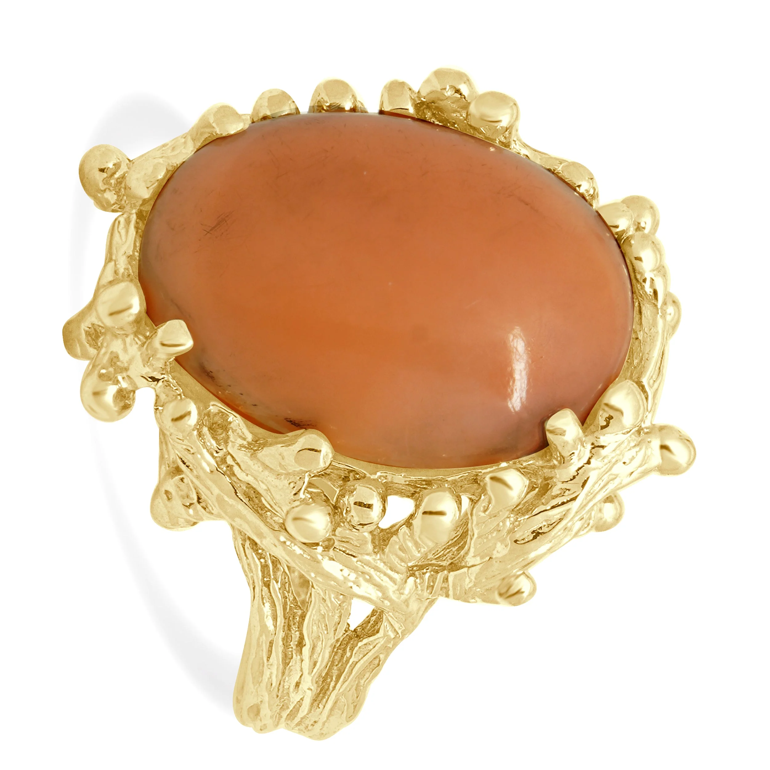 14K Yellow Gold Oval Cabochon Cut Coral Solitaire Coral Reef Ring - Image 2