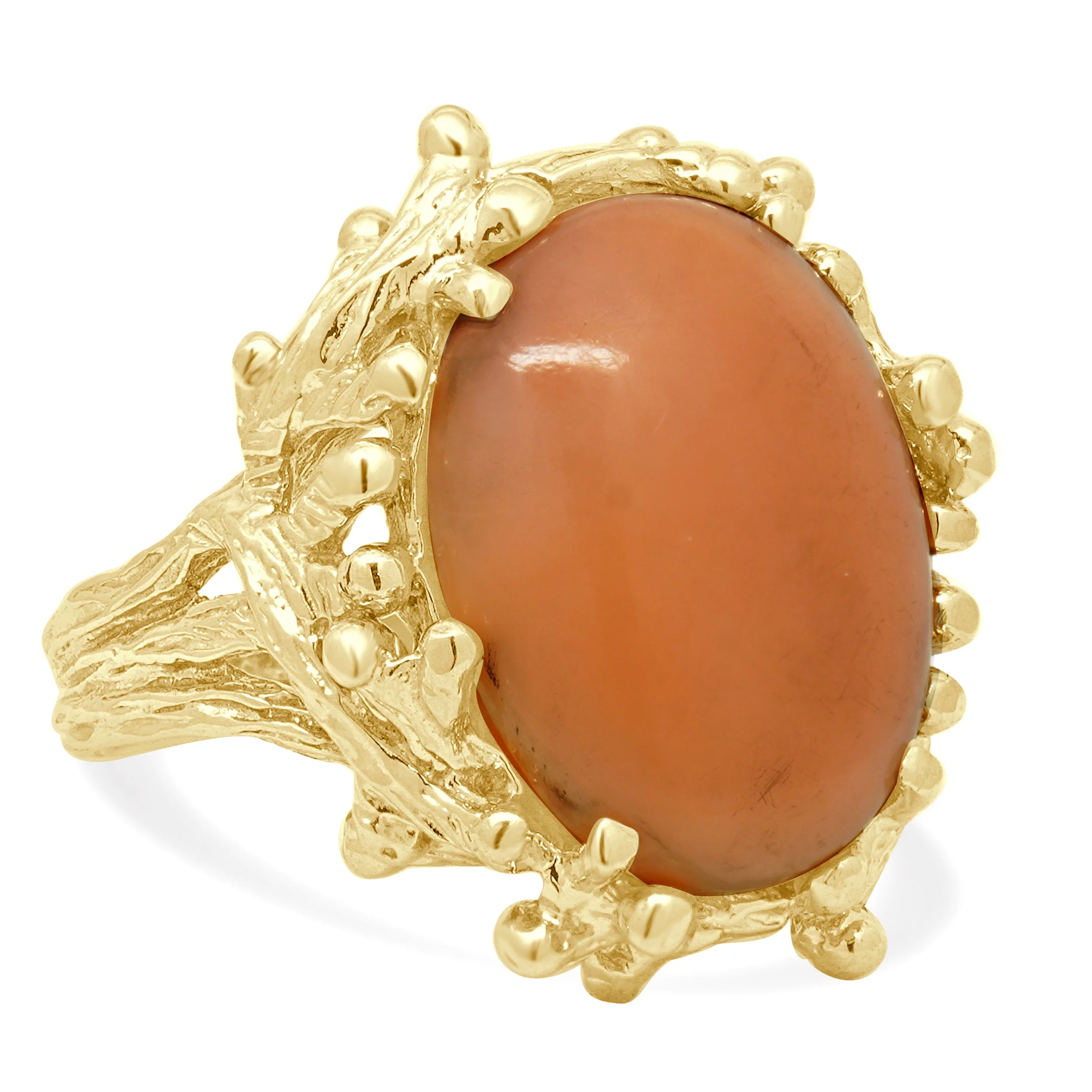 14K Yellow Gold Oval Cabochon Cut Coral Solitaire Coral Reef Ring - Image 3