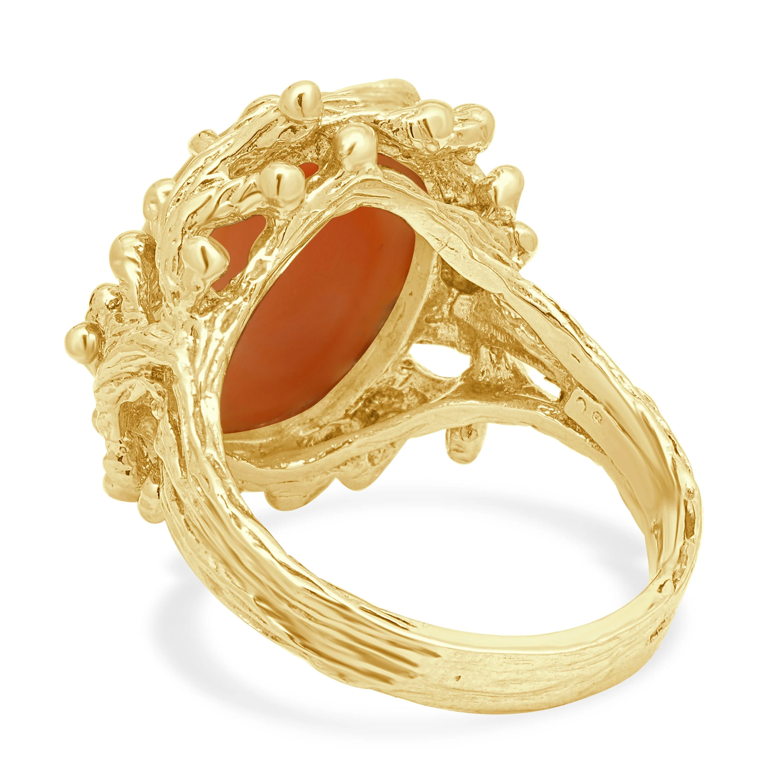 14K Yellow Gold Oval Cabochon Cut Coral Solitaire Coral Reef Ring - Image 4