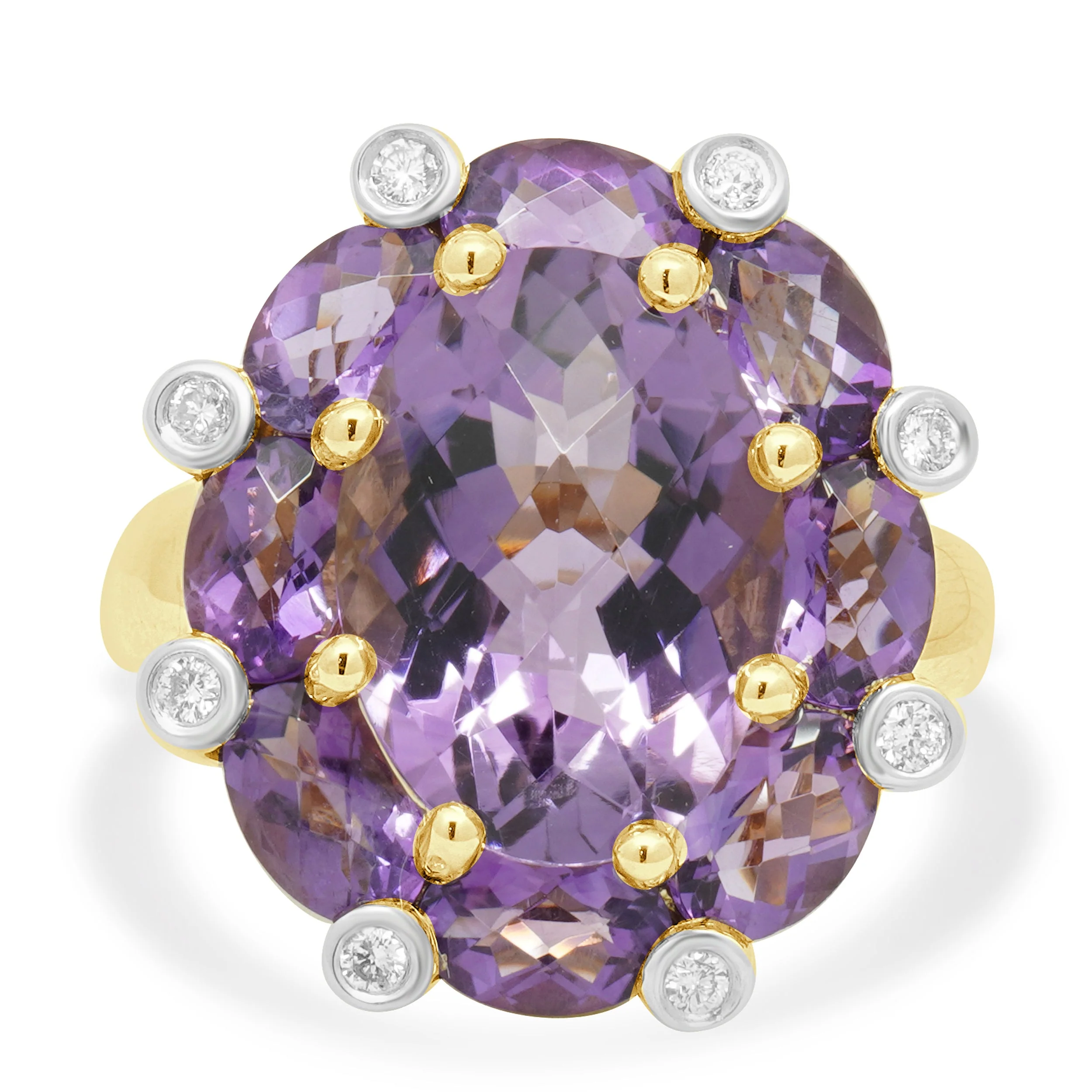 14K Yellow Gold Oval Checkerboard Cut Amethyst and Round Diamond Ring