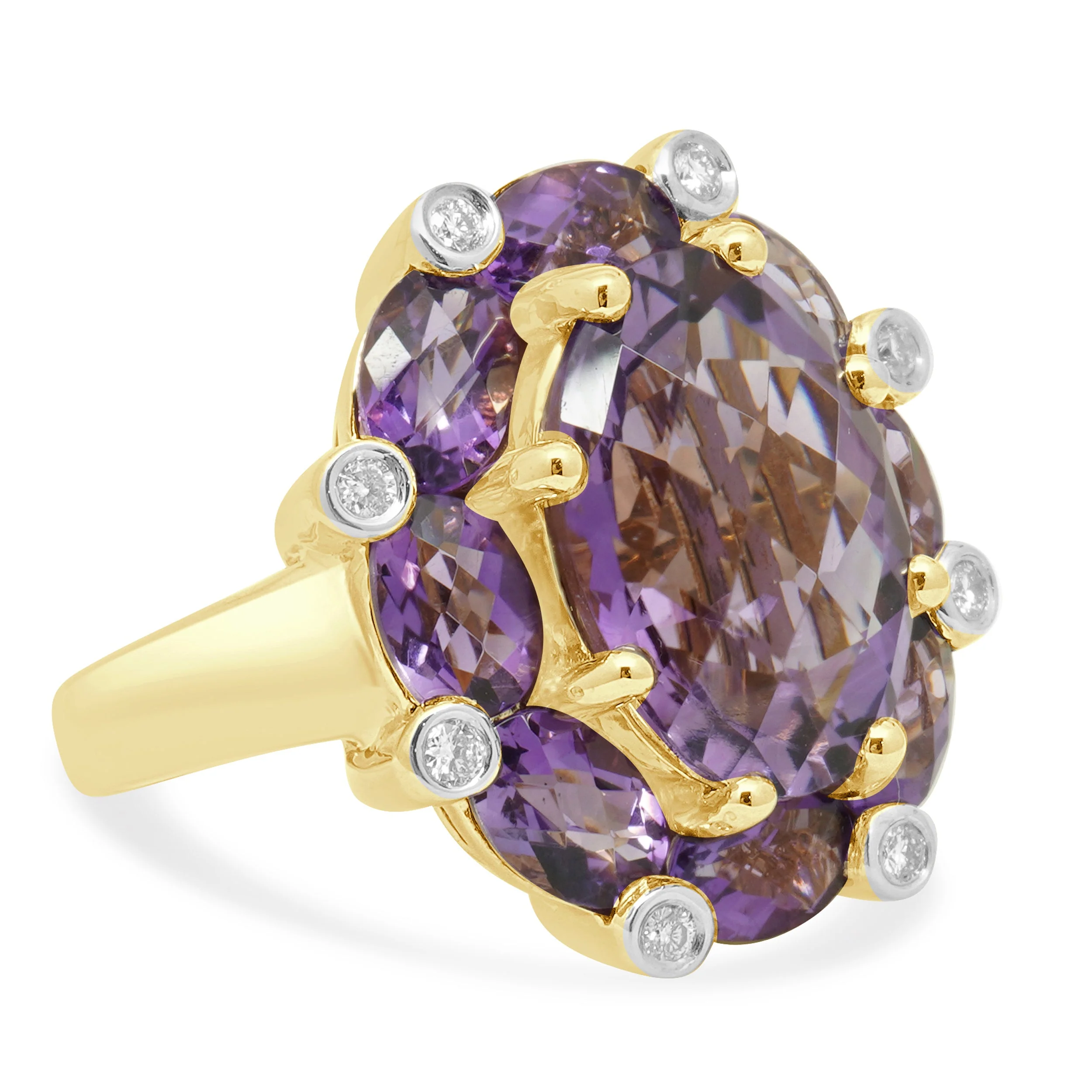 14K Yellow Gold Oval Checkerboard Cut Amethyst and Round Diamond Ring - Image 3