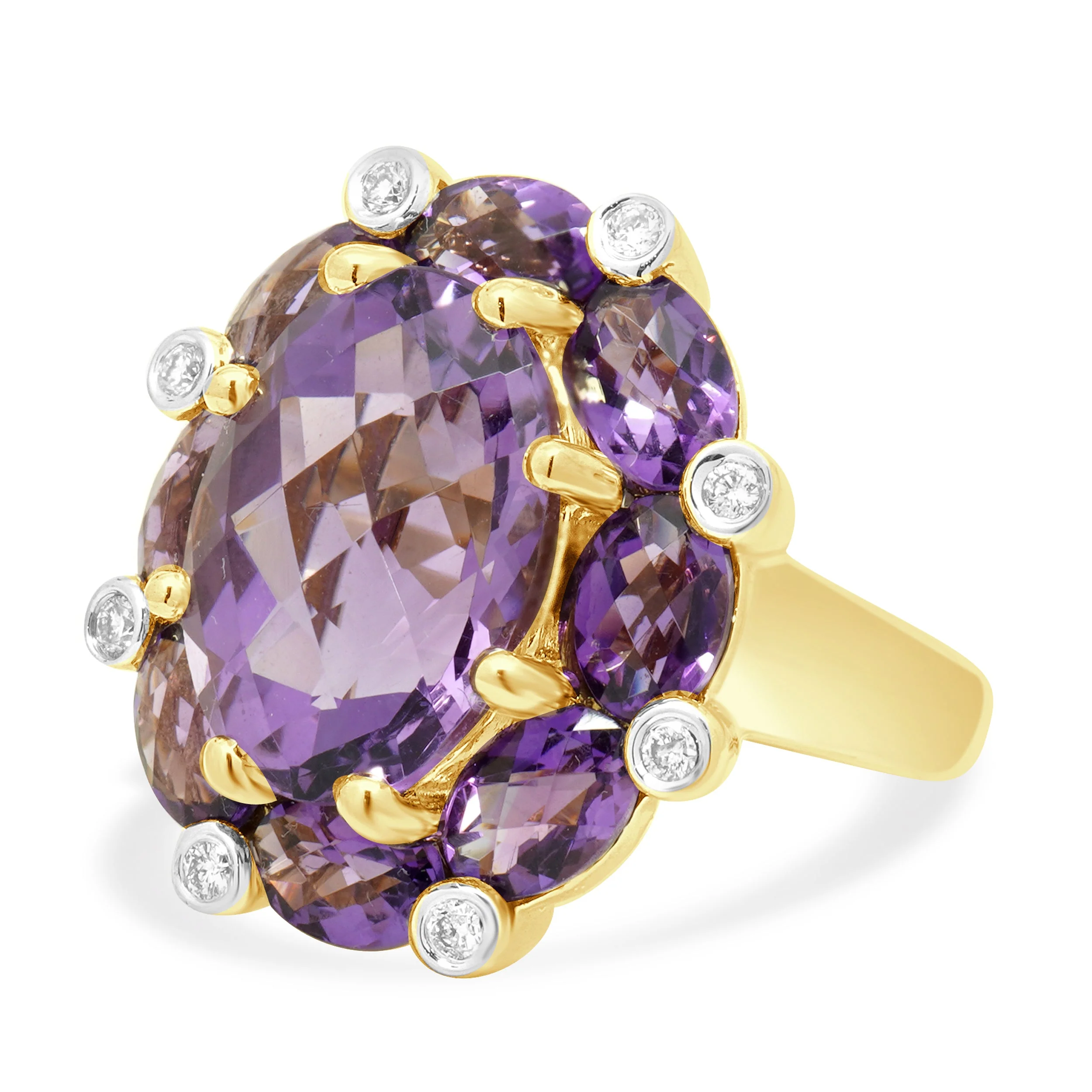 14K Yellow Gold Oval Checkerboard Cut Amethyst and Round Diamond Ring - Image 2