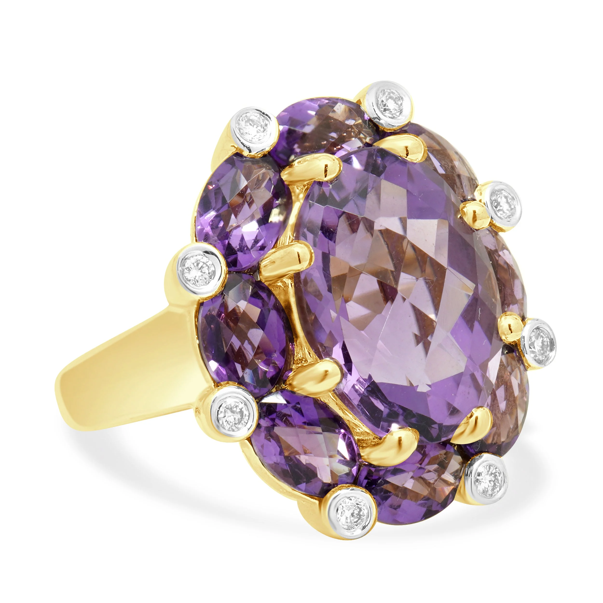 14K Yellow Gold Oval Checkerboard Cut Amethyst and Round Diamond Ring - Image 3